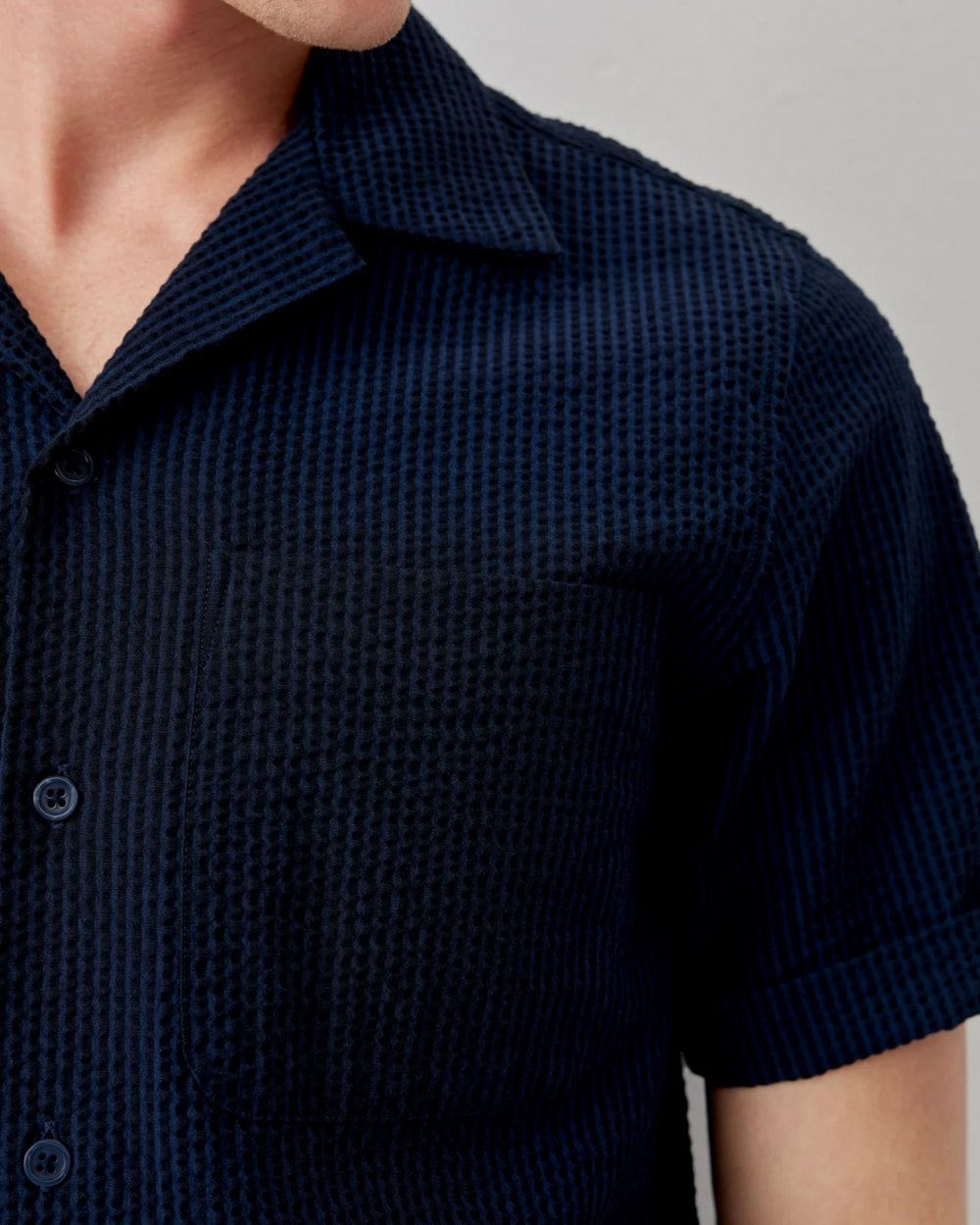 Oliver Sweeney Ravenshead Mens Cotton Seersucker Short Sleeved Shirt - Midnight Stripe