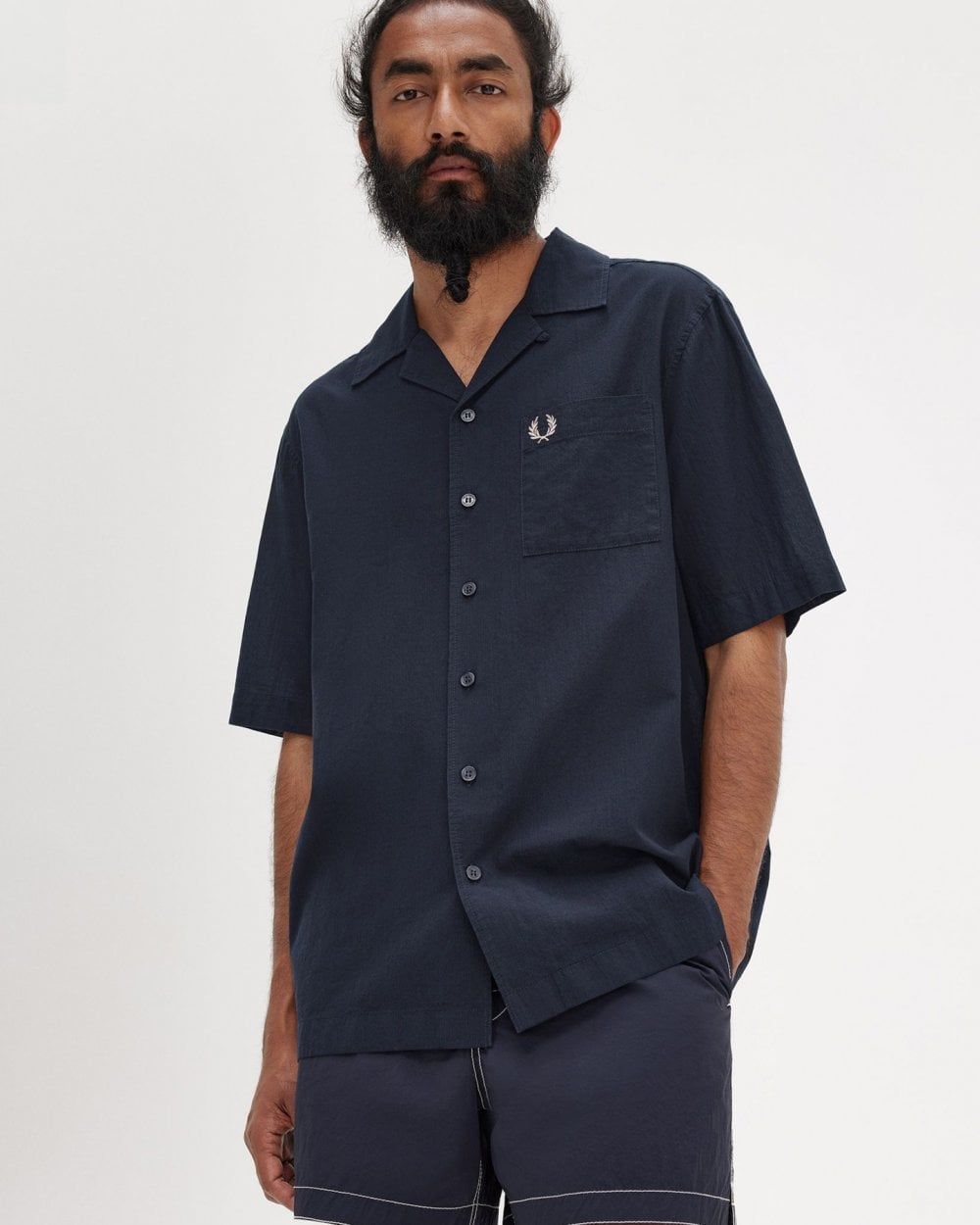 Fred Perry Mens Lightweight Texture Revere Collar Short Sleeve Shirt - Navy 608
