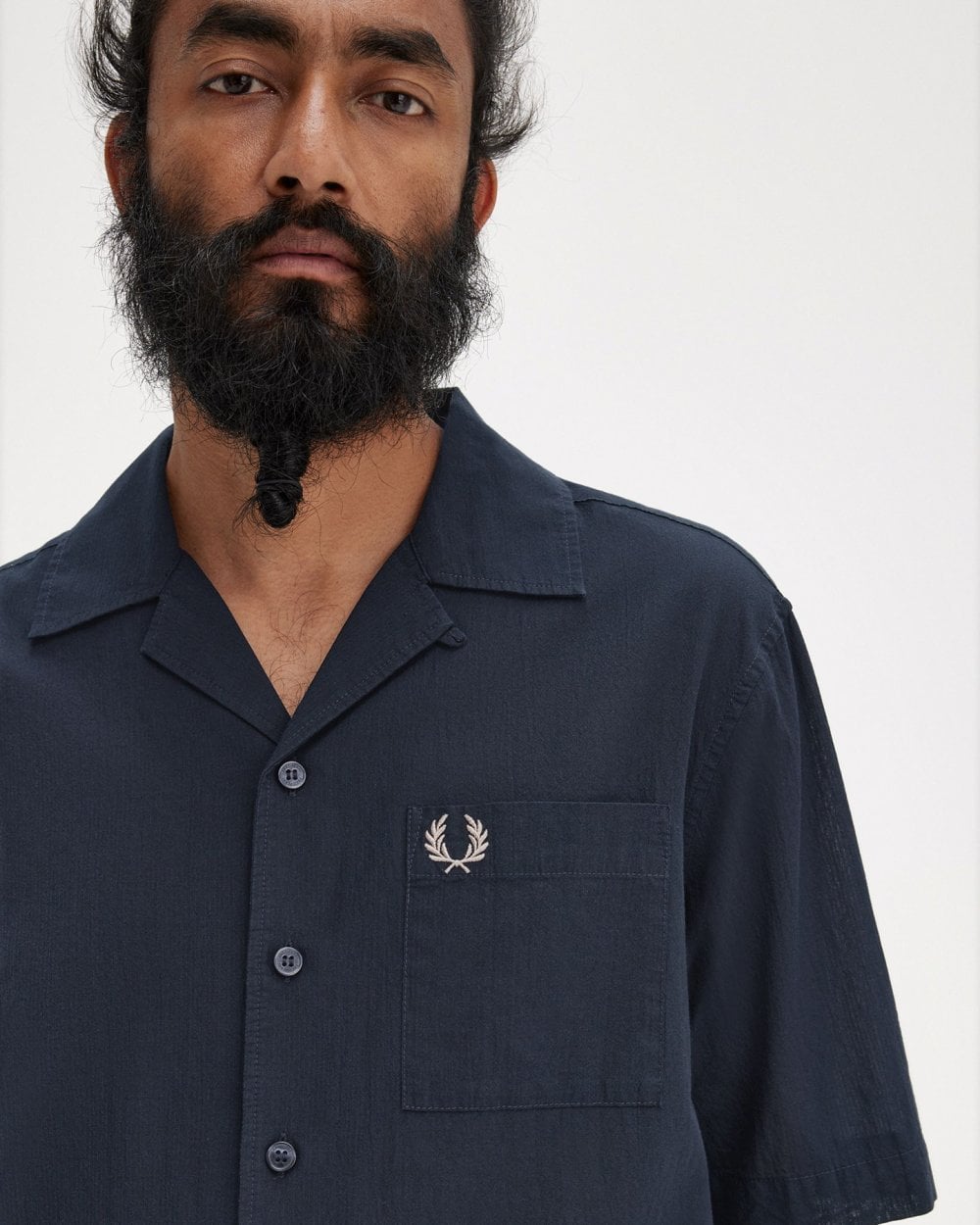 Fred Perry Mens Lightweight Texture Revere Collar Short Sleeve Shirt - Navy 608