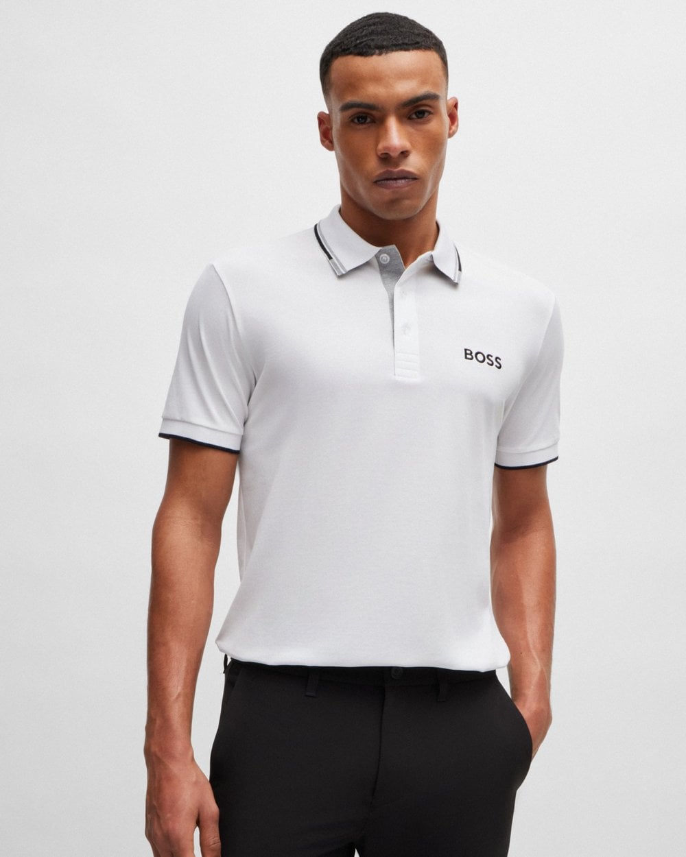 BOSS Green Paddy Pro Mens Cotton Blend Polo Shirt With Contrast Logos NOS - White 100