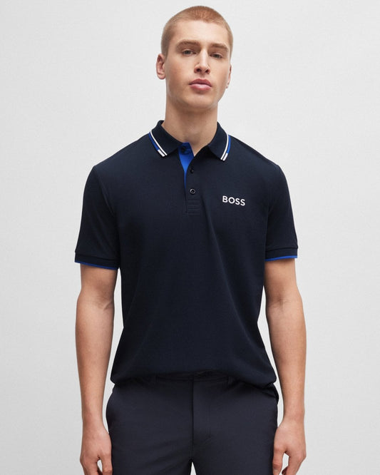 BOSS Green Paddy Pro Mens Cotton Blend Polo Shirt With Contrast Logos NOS - Dark Blue 402