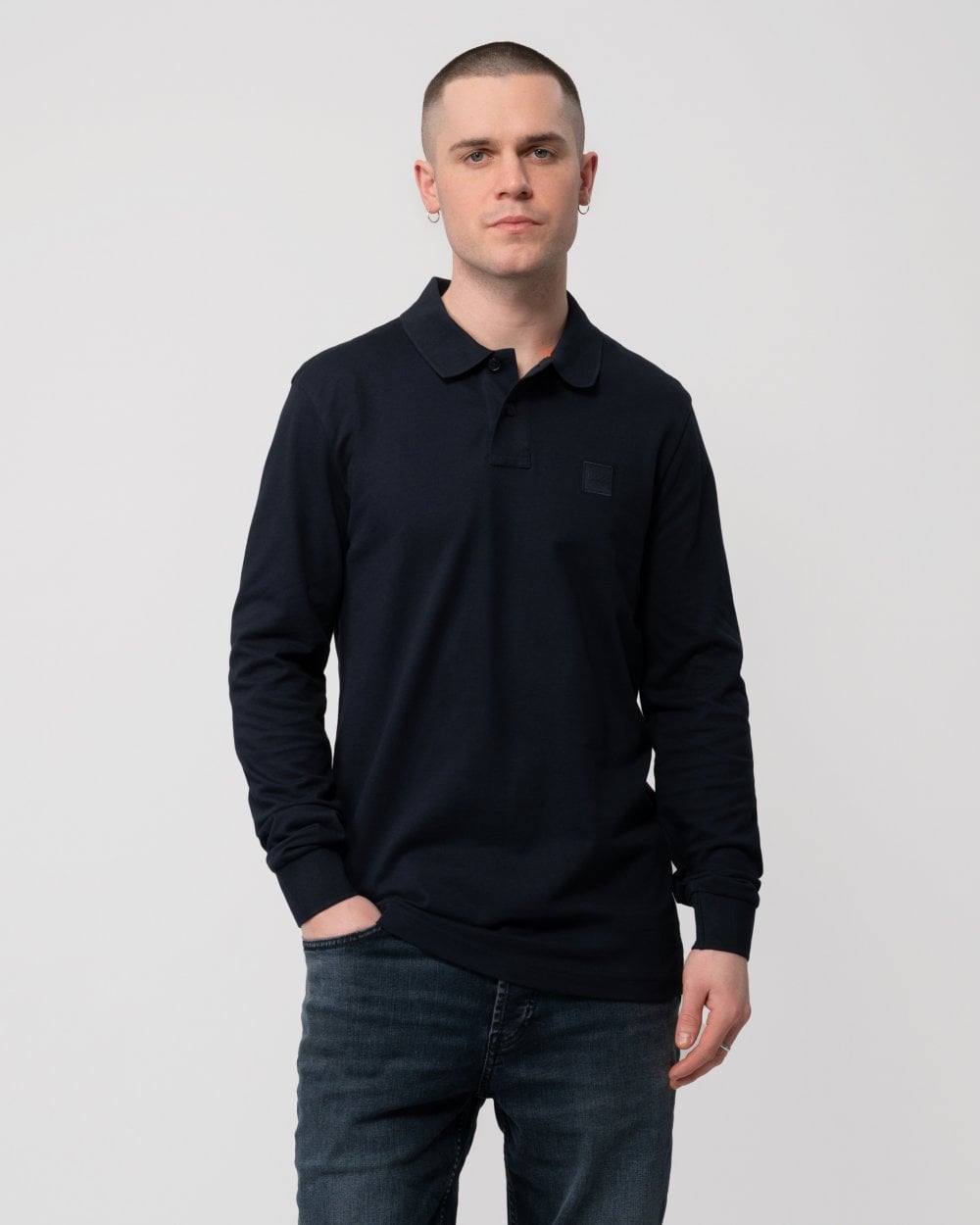 BOSS Orange Passerby Mens Long Sleeve Stretch-Cotton Polo Shirt with Logo Patch NOS - Dark Blue 404