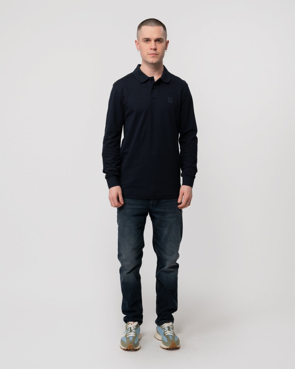 BOSS Orange Passerby Mens Long Sleeve Stretch-Cotton Polo Shirt with Logo Patch NOS - Dark Blue 404