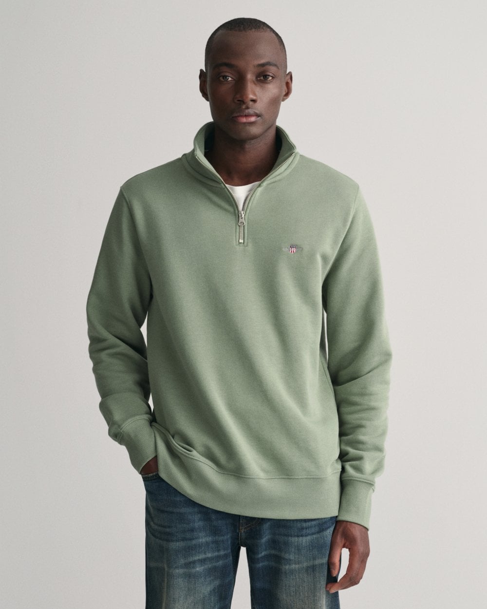 GANT Mens Regular Fit Shield Logo Half Zip Sweatshirt - 375 Dry Green