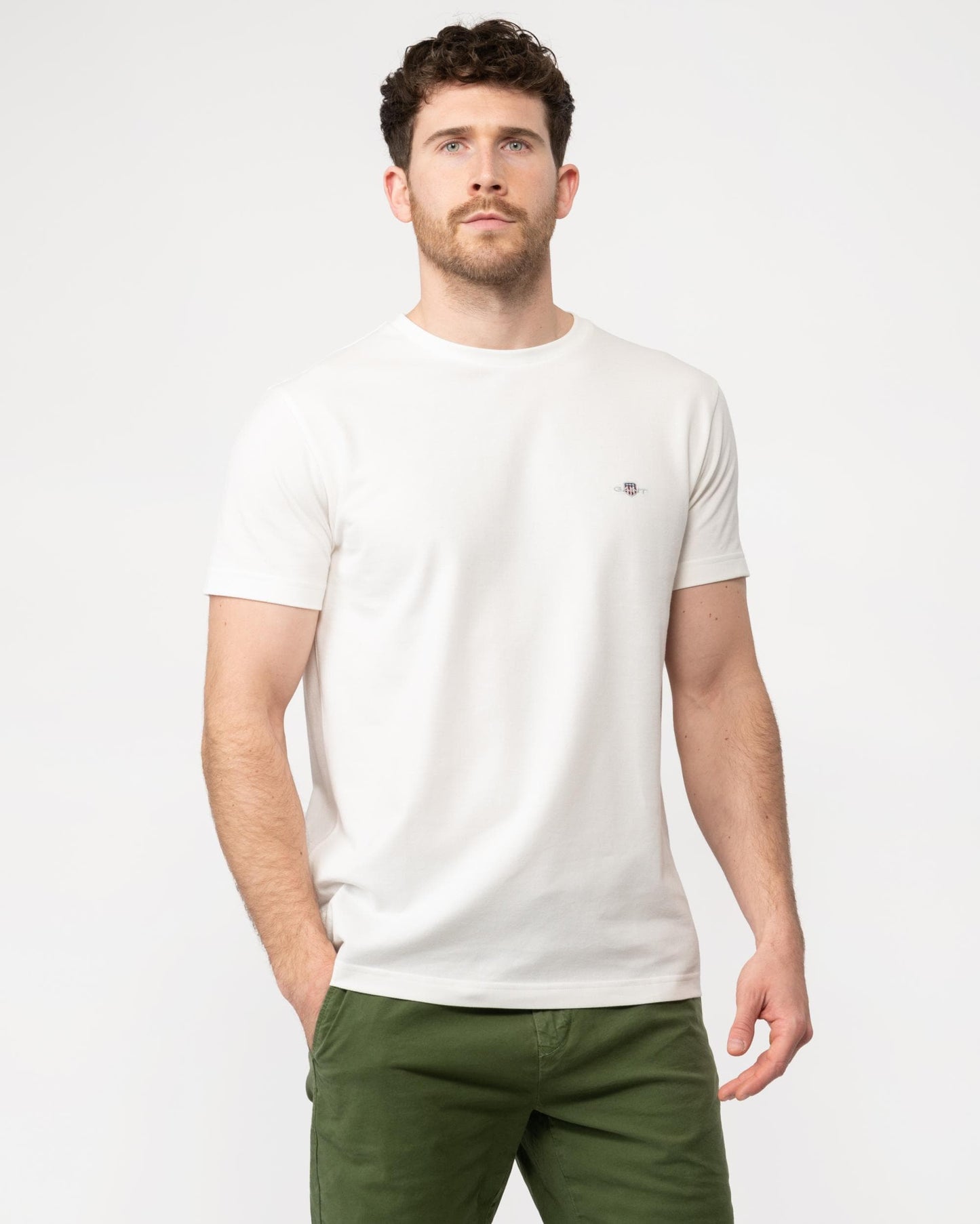 GANT Mens Slim Pique Short Sleeve T-Shirt - 113 Eggshell