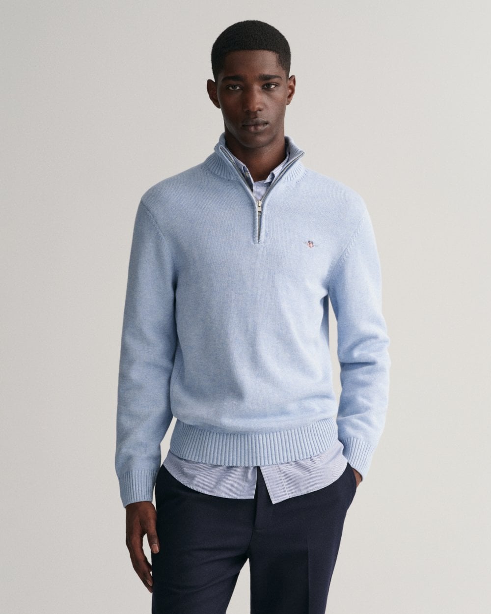 GANT Mens Casual Cotton Half Zip Jumper - 497 Lt Blue Melange