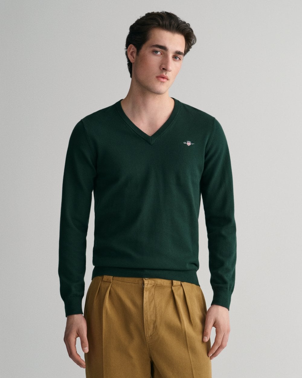 GANT Mens Classic Cotton V-Neck Jumper - 374 Tartan Green
