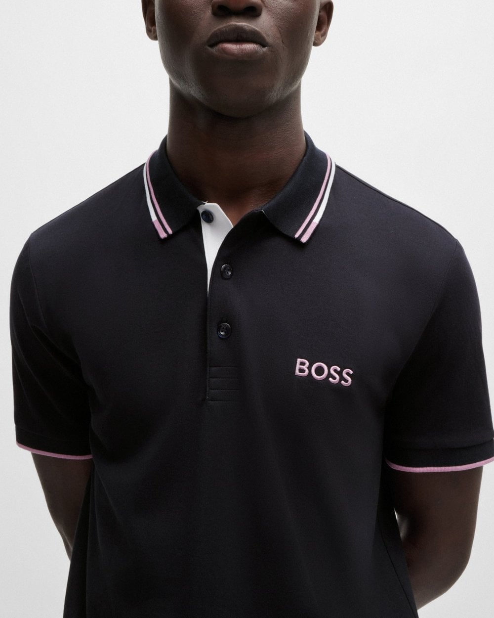 BOSS Green Paddy Pro Mens Cotton Blend Polo Shirt With Contrast Logos - Dark Blue 405
