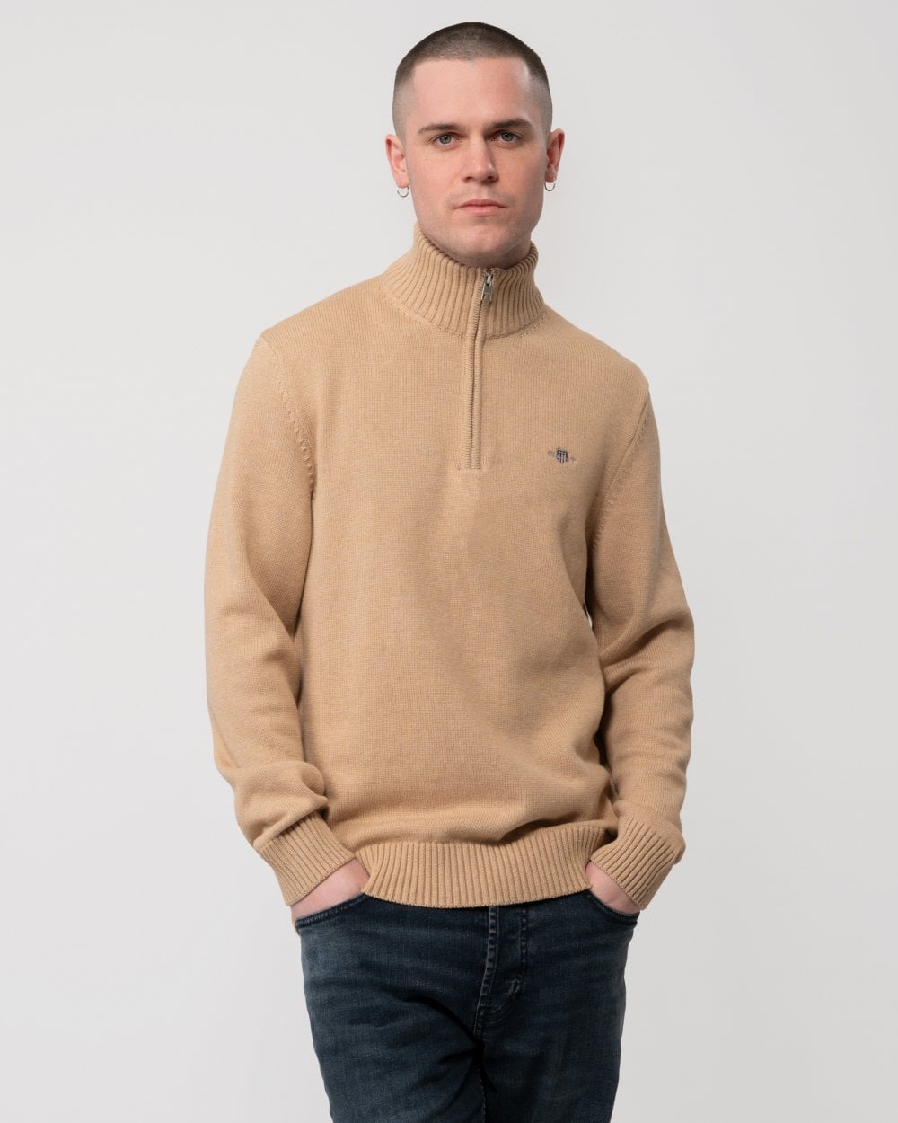 GANT Mens Casual Cotton Half Zip Jumper - 296 Khaki Mel