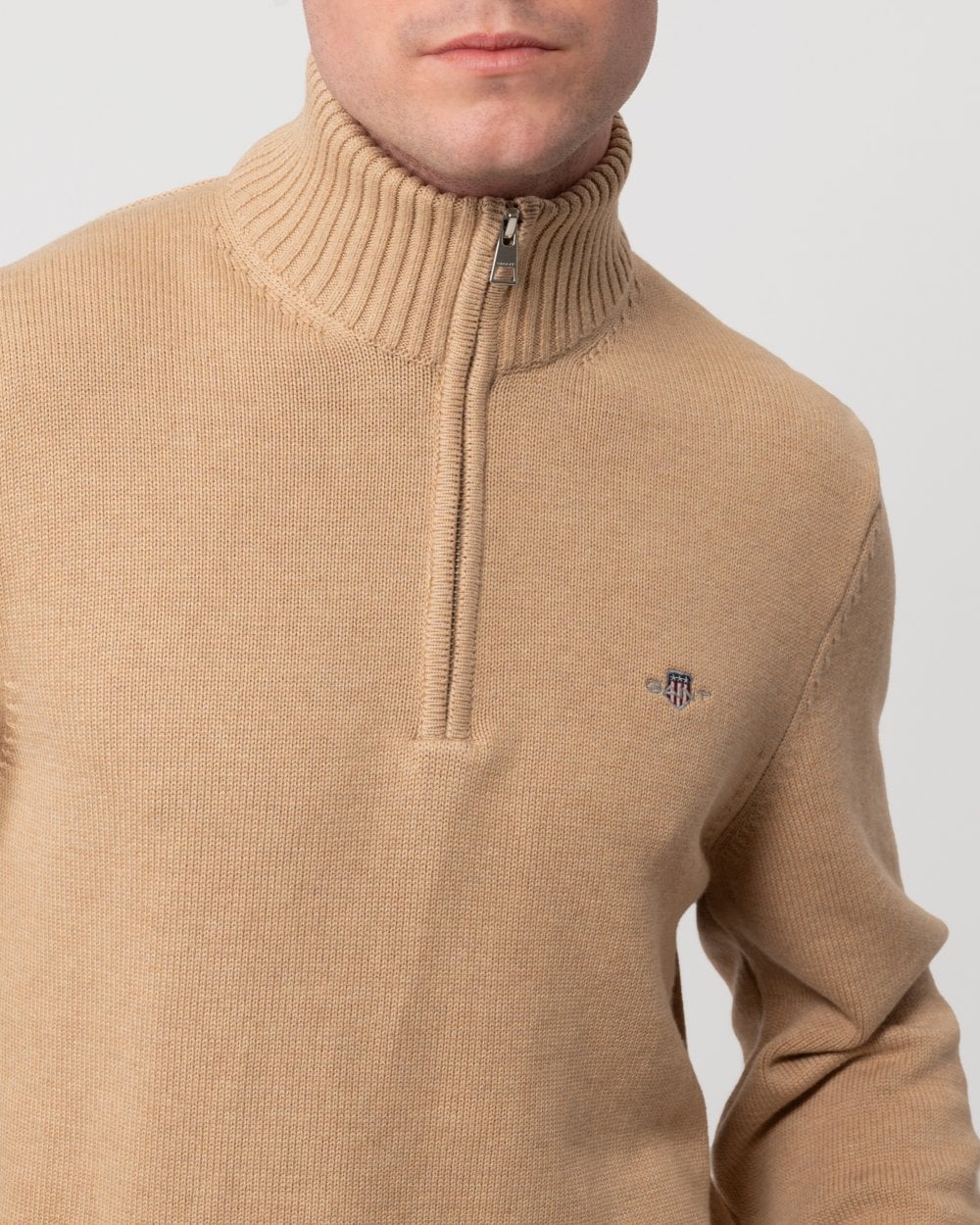 GANT Mens Casual Cotton Half Zip Jumper - 296 Khaki Mel
