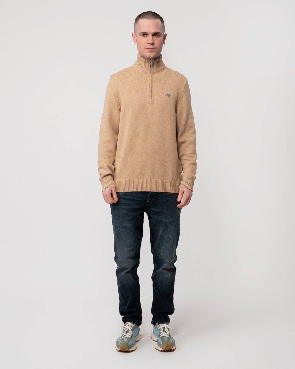 GANT Mens Casual Cotton Half Zip Jumper - 296 Khaki Mel