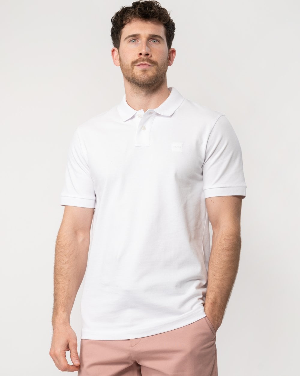 BOSS Orange Passenger Mens Stretch-Cotton Slim-Fit Polo Shirt with Logo Patch NOS - White 100