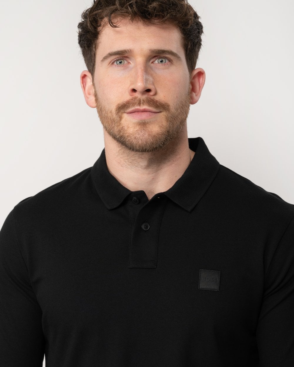 BOSS Orange Passerby Mens Long Sleeve Stretch-Cotton Polo Shirt with Logo Patch NOS - Black 001
