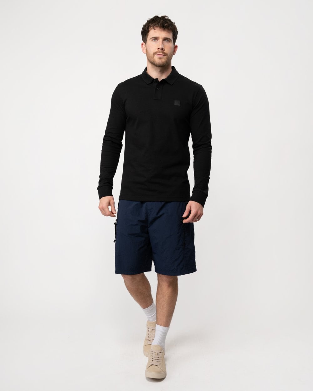 BOSS Orange Passerby Mens Long Sleeve Stretch-Cotton Polo Shirt with Logo Patch NOS - Black 001