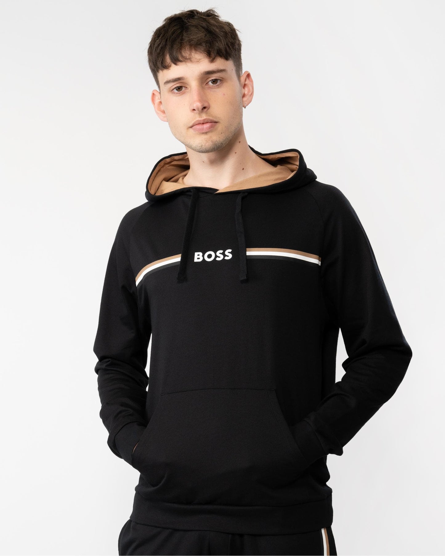 BOSS Orange Authentic Mens Pullover Cotton-Terry Loungewear Hoodie with Logo and Stripes