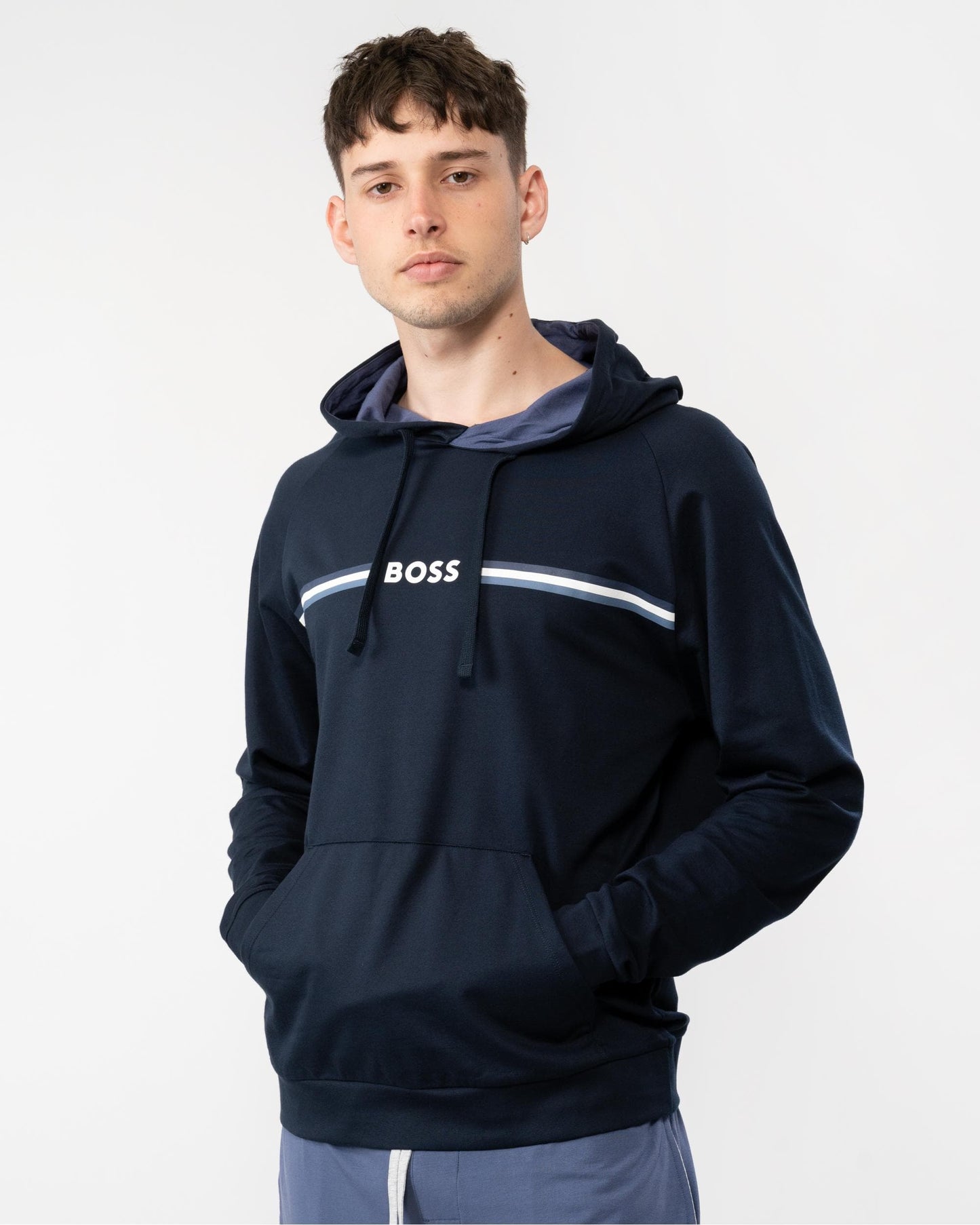 BOSS Orange Authentic Mens Pullover Cotton-Terry Loungewear Hoodie with Logo and Stripes