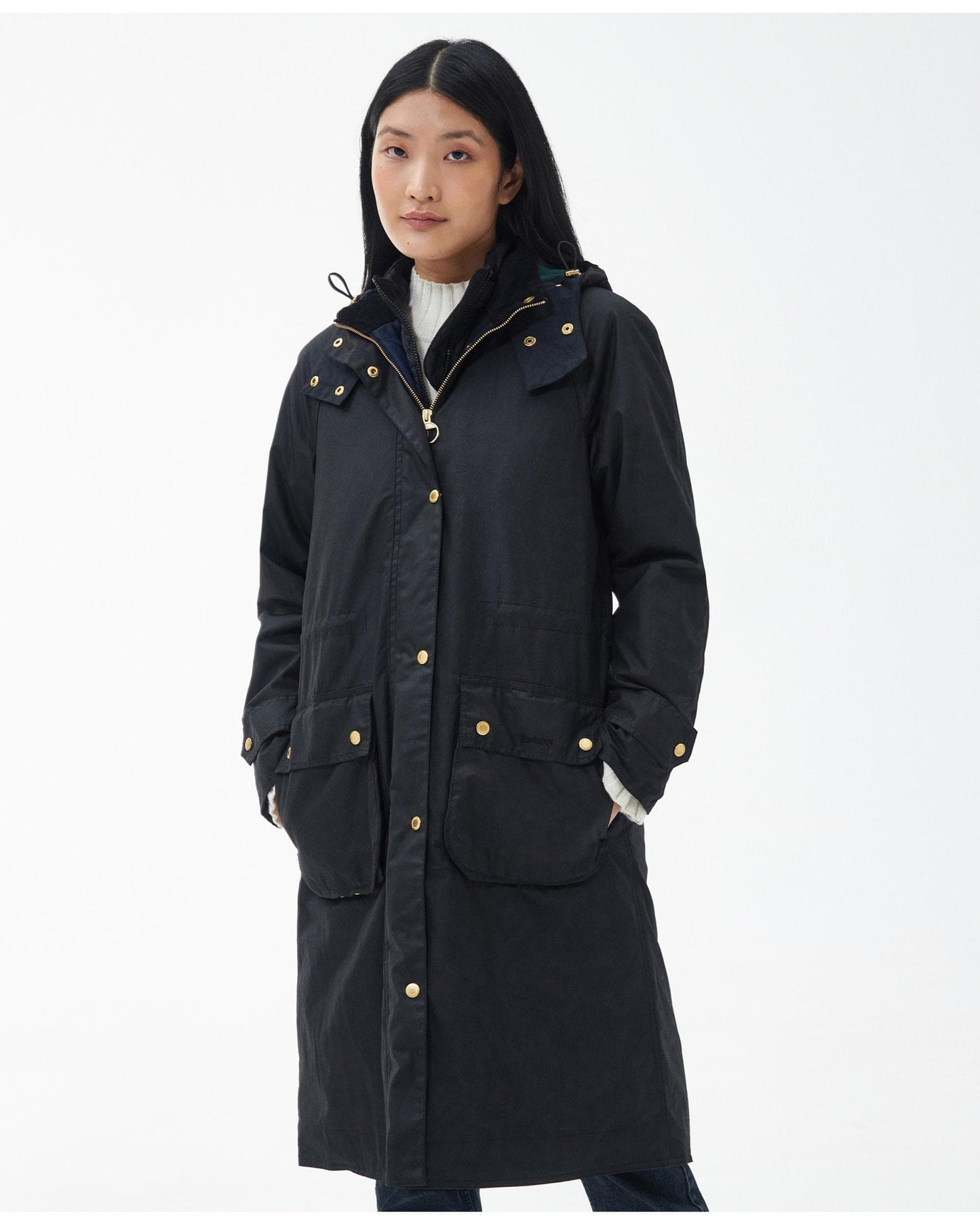 Barbour Long Cannich Womens Wax Jacket - Black/Black Sage Tartan