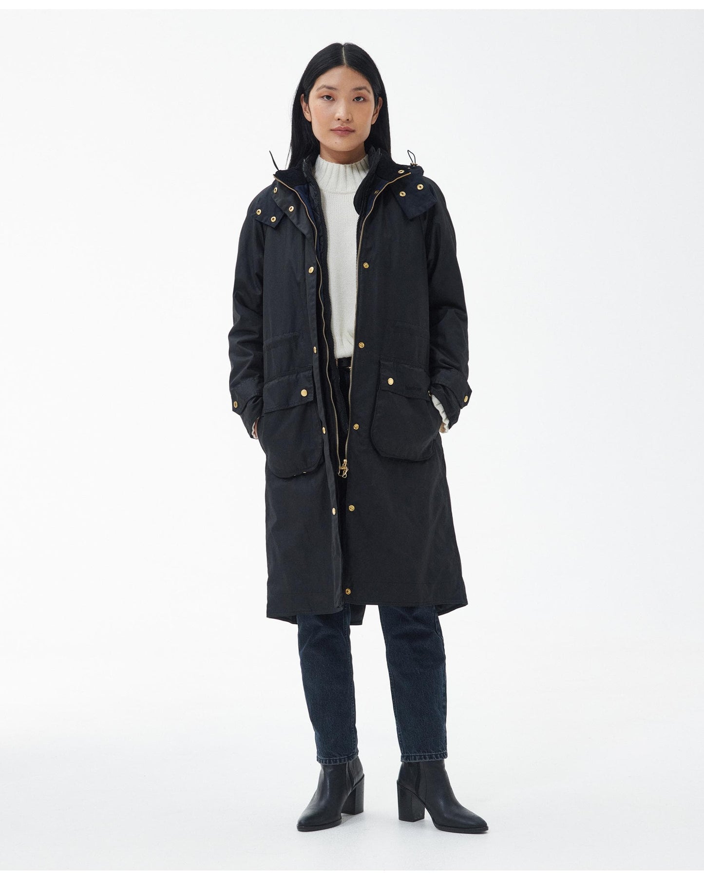 Barbour Long Cannich Womens Wax Jacket - Black/Black Sage Tartan