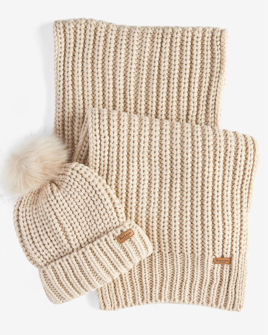 Barbour Saltburn Beanie & Scarf Gift Set - Pearl