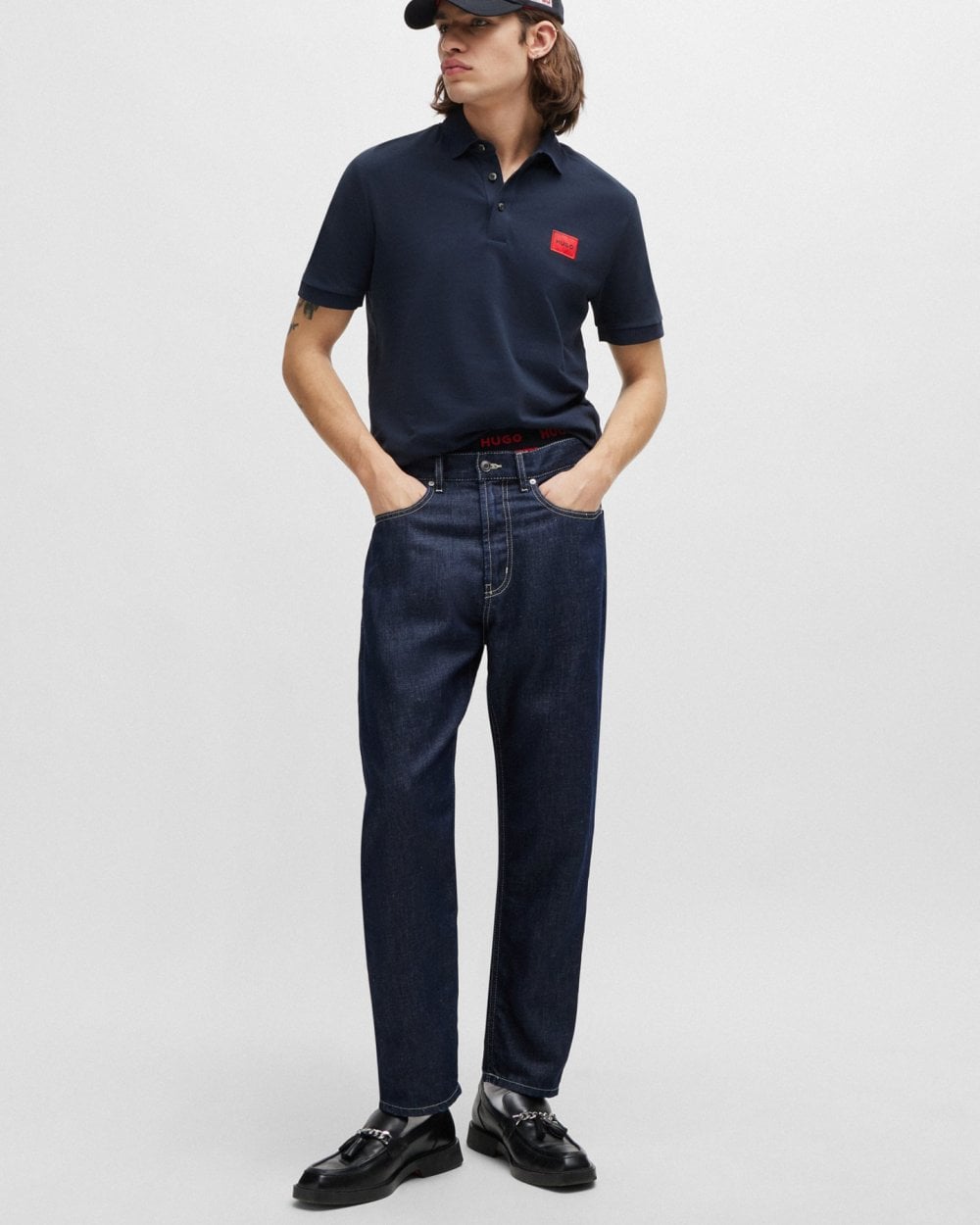 HUGO Dereso222 Mens Cotton Piqué Slim-Fit Polo Shirt with Logo Label NOS - Dark Blue 405