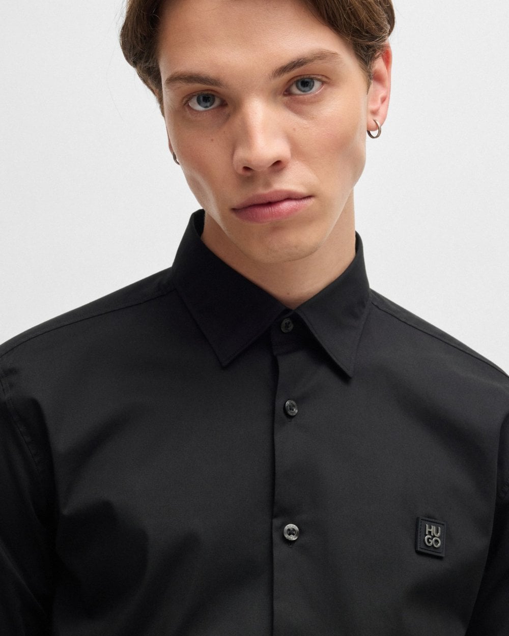 HUGO Ermo Mens Slim Fit Shirt in Stretch Cotton with Stacked Logo - Black 001