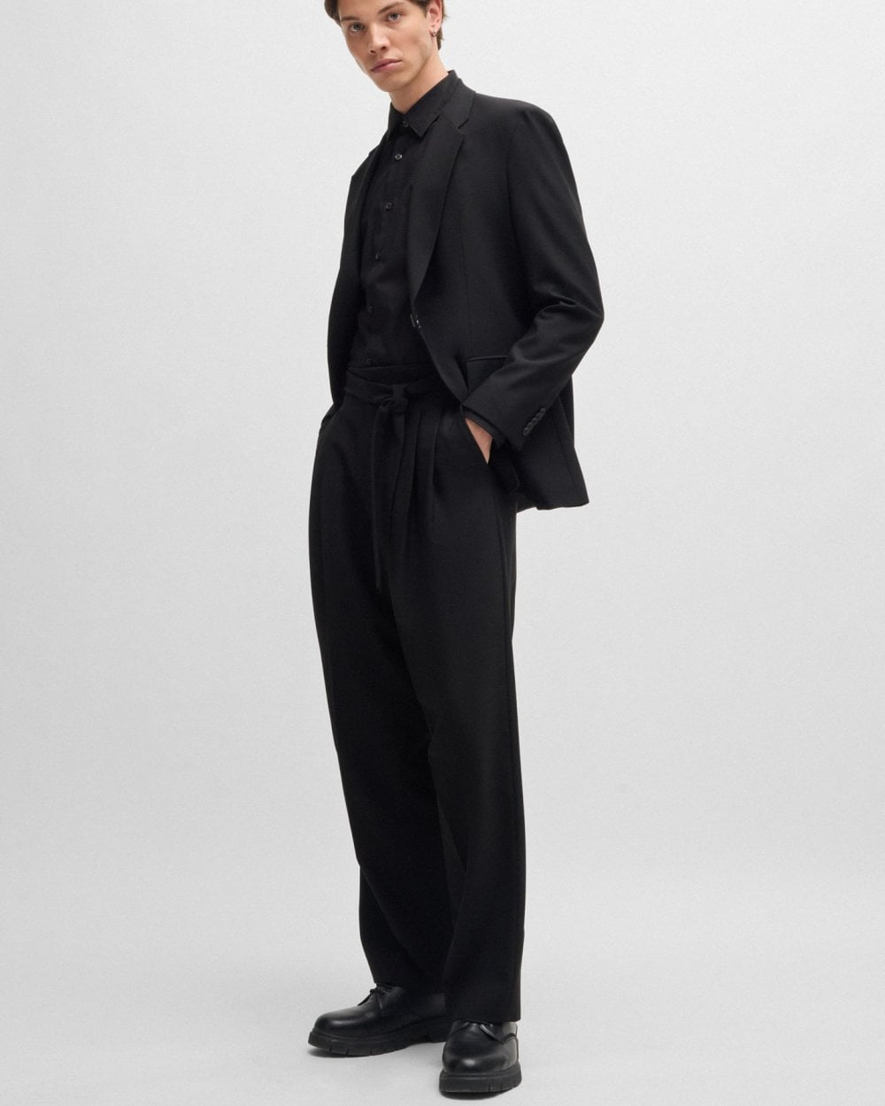 HUGO Ermo Mens Slim Fit Shirt in Stretch Cotton with Stacked Logo - Black 001