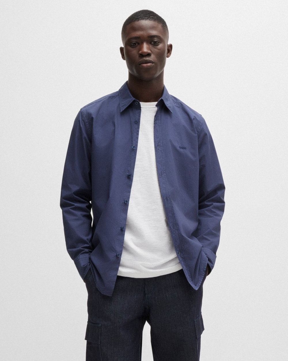 BOSS Orange Relegant 6 Mens Regular-Fit Shirt in Cotton Poplin with Kent Collar - Navy 418