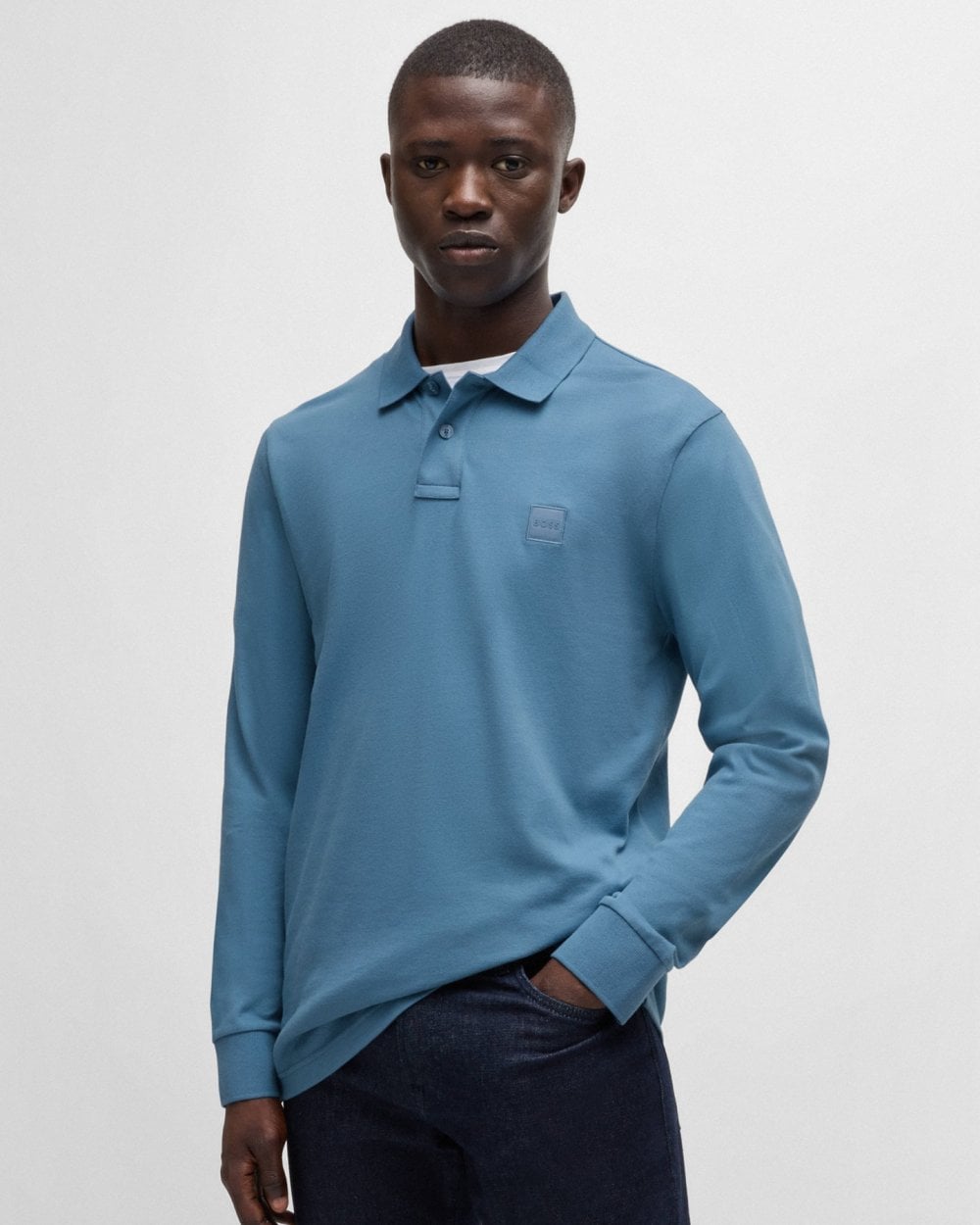 BOSS Orange Passerby Mens Long Sleeve Stretch-Cotton Polo Shirt with Logo Patch