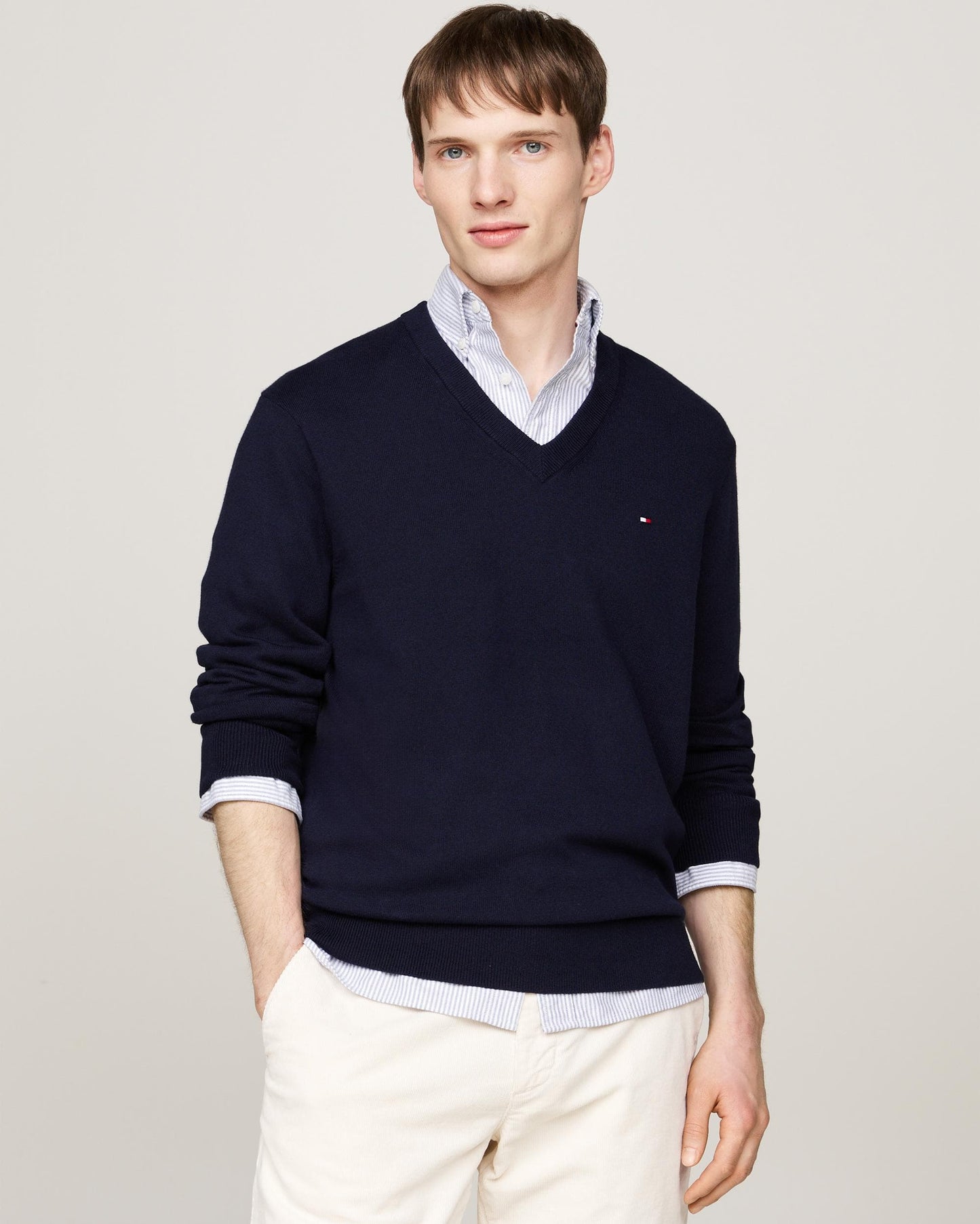 Tommy Hilfiger Pima Organic Cotton Mens Cashmere V-Neck Jumper - Desert Sky