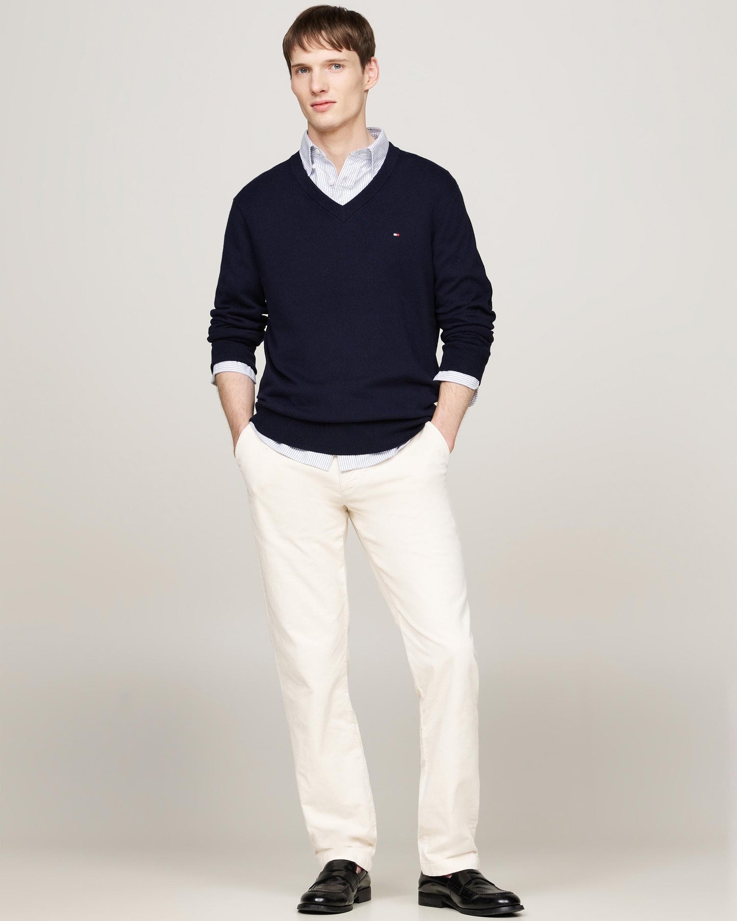 Tommy Hilfiger Pima Organic Cotton Mens Cashmere V-Neck Jumper - Desert Sky