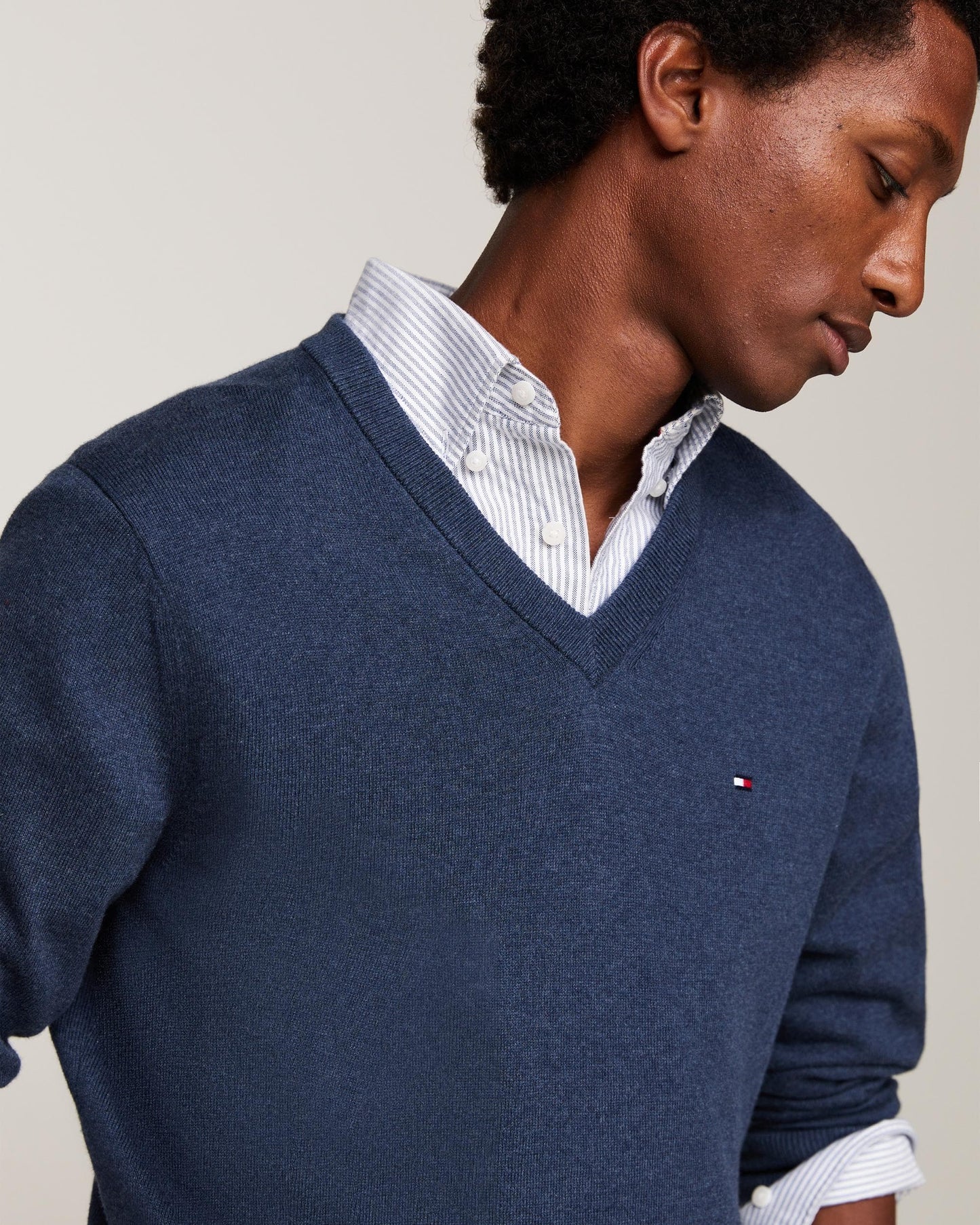 Tommy Hilfiger Pima Organic Cotton Mens Cashmere V-Neck Jumper - Aegean Sea Heather
