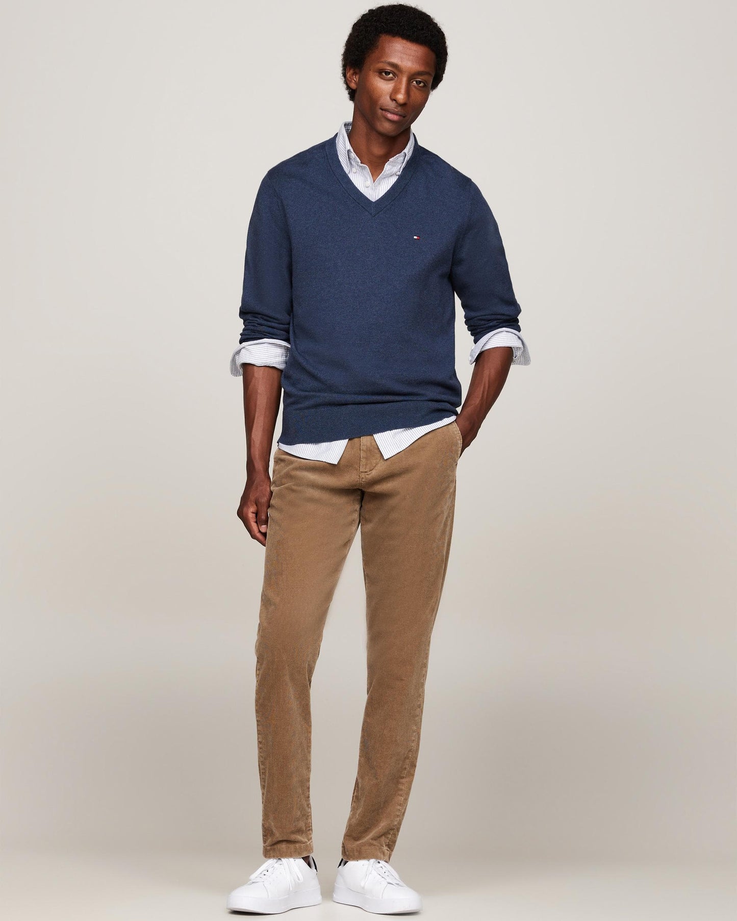 Tommy Hilfiger Pima Organic Cotton Mens Cashmere V-Neck Jumper - Aegean Sea Heather