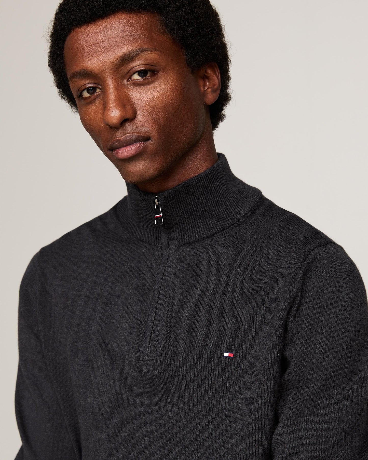Tommy Hilfiger Organic Cotton Cashmere Mens Zip-Mock Sweater - Dark Grey Heather