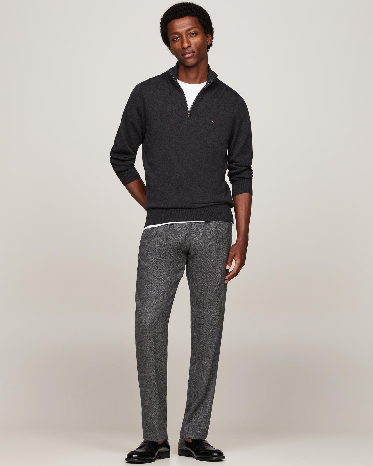 Tommy Hilfiger Organic Cotton Cashmere Mens Zip-Mock Sweater - Dark Grey Heather