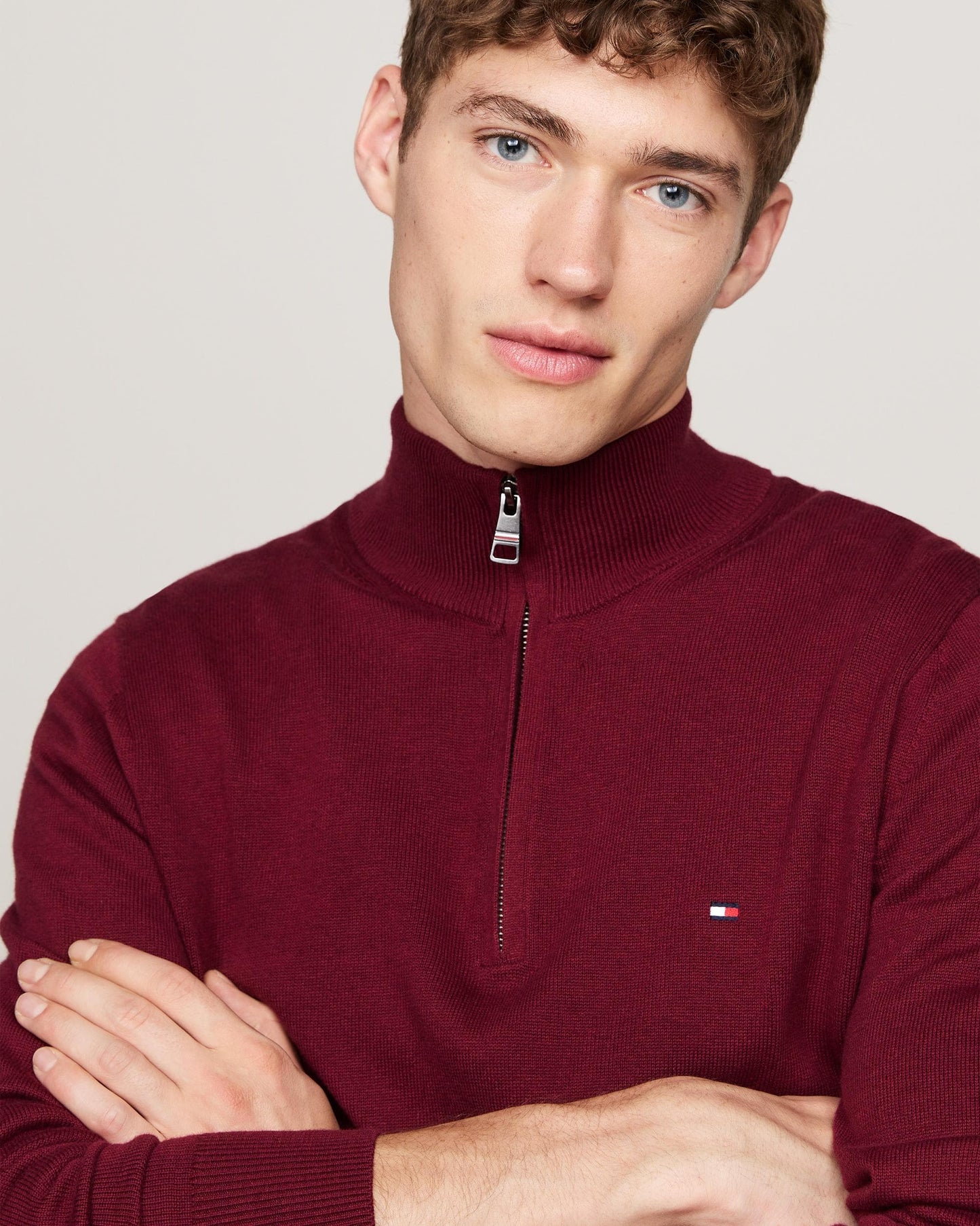 Tommy Hilfiger Organic Cotton Cashmere Mens Zip-Mock Sweater - Deep Rouge