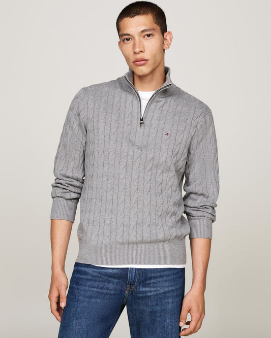 Tommy Hilfiger Classic Cotton Cable Mens Half Zip Mock Sweatshirt - Medium Grey Heather