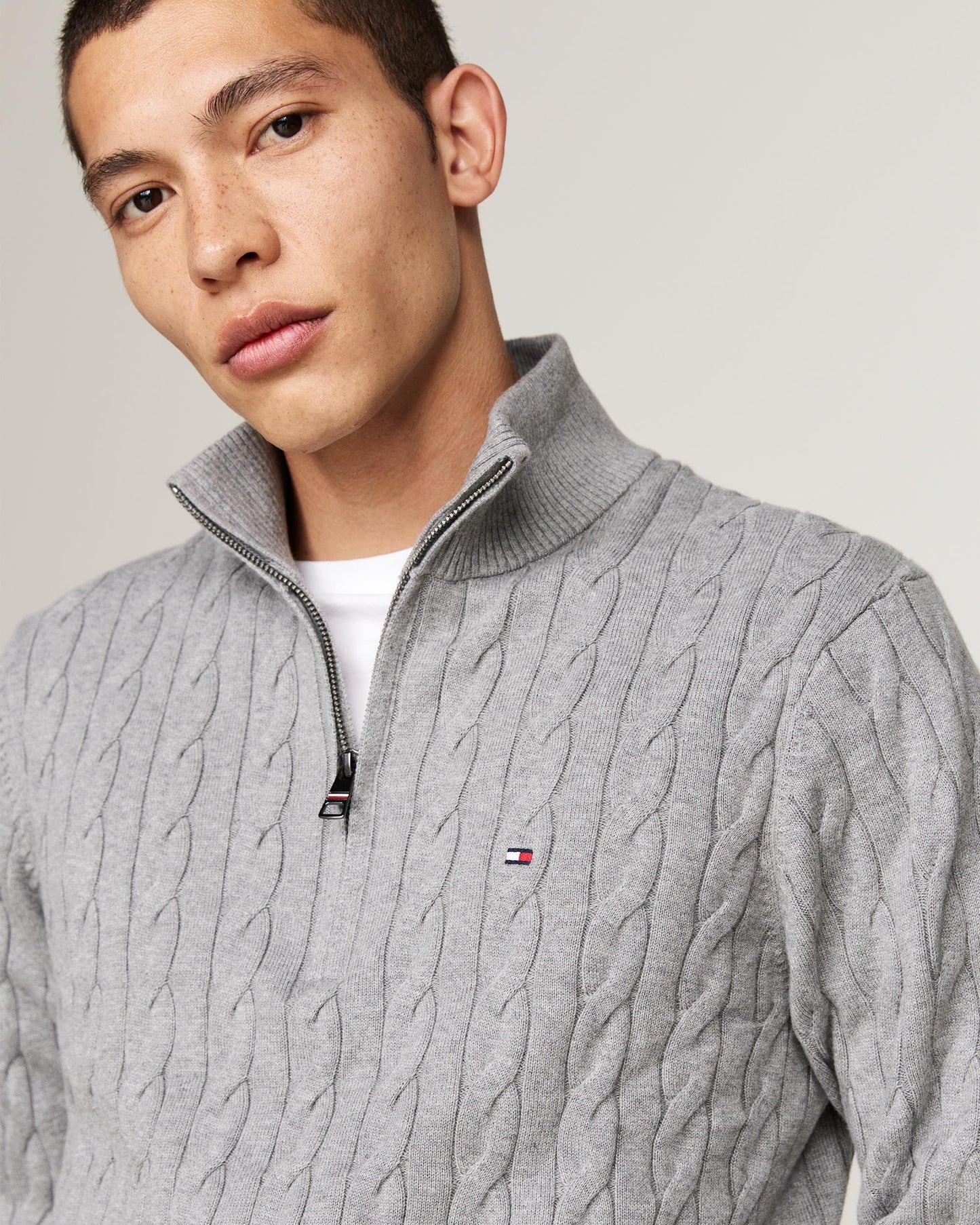 Tommy Hilfiger Classic Cotton Cable Mens Half Zip Mock Sweatshirt - Medium Grey Heather