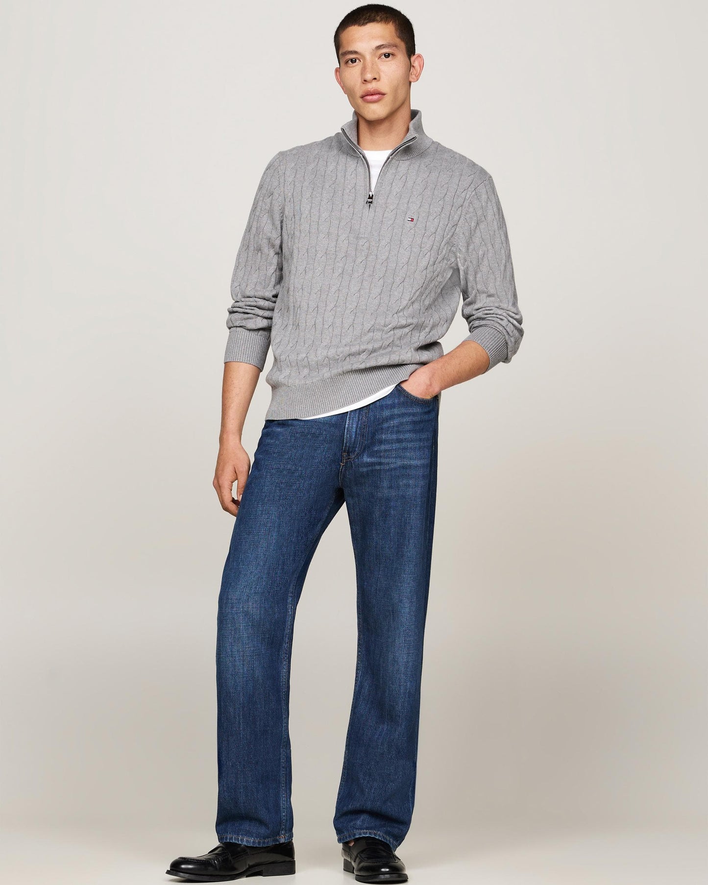 Tommy Hilfiger Classic Cotton Cable Mens Half Zip Mock Sweatshirt - Medium Grey Heather