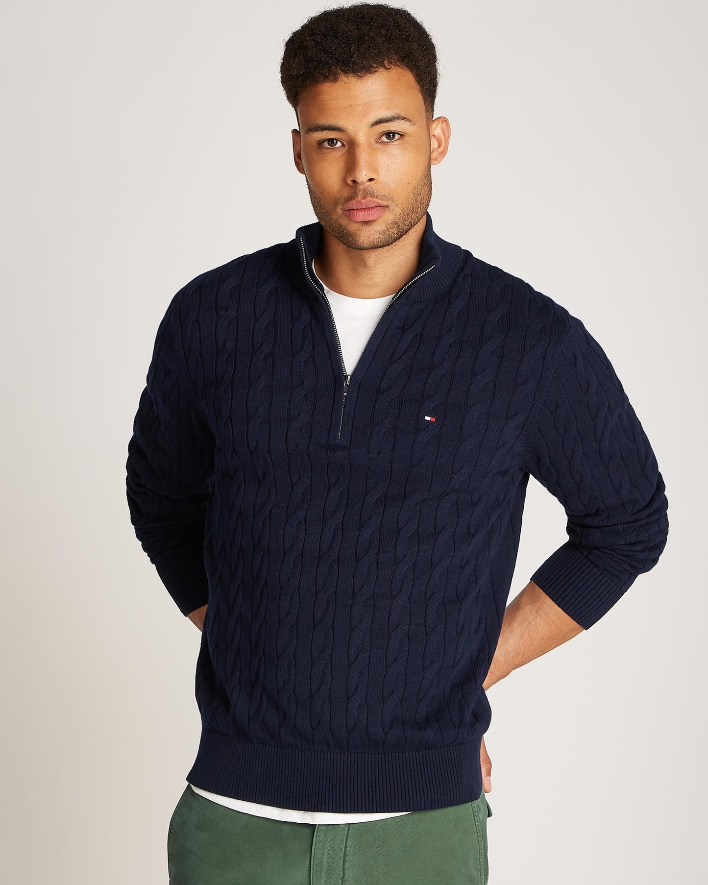 Tommy Hilfiger Classic Cotton Cable Mens Half Zip Mock Sweatshirt - Desert Sky