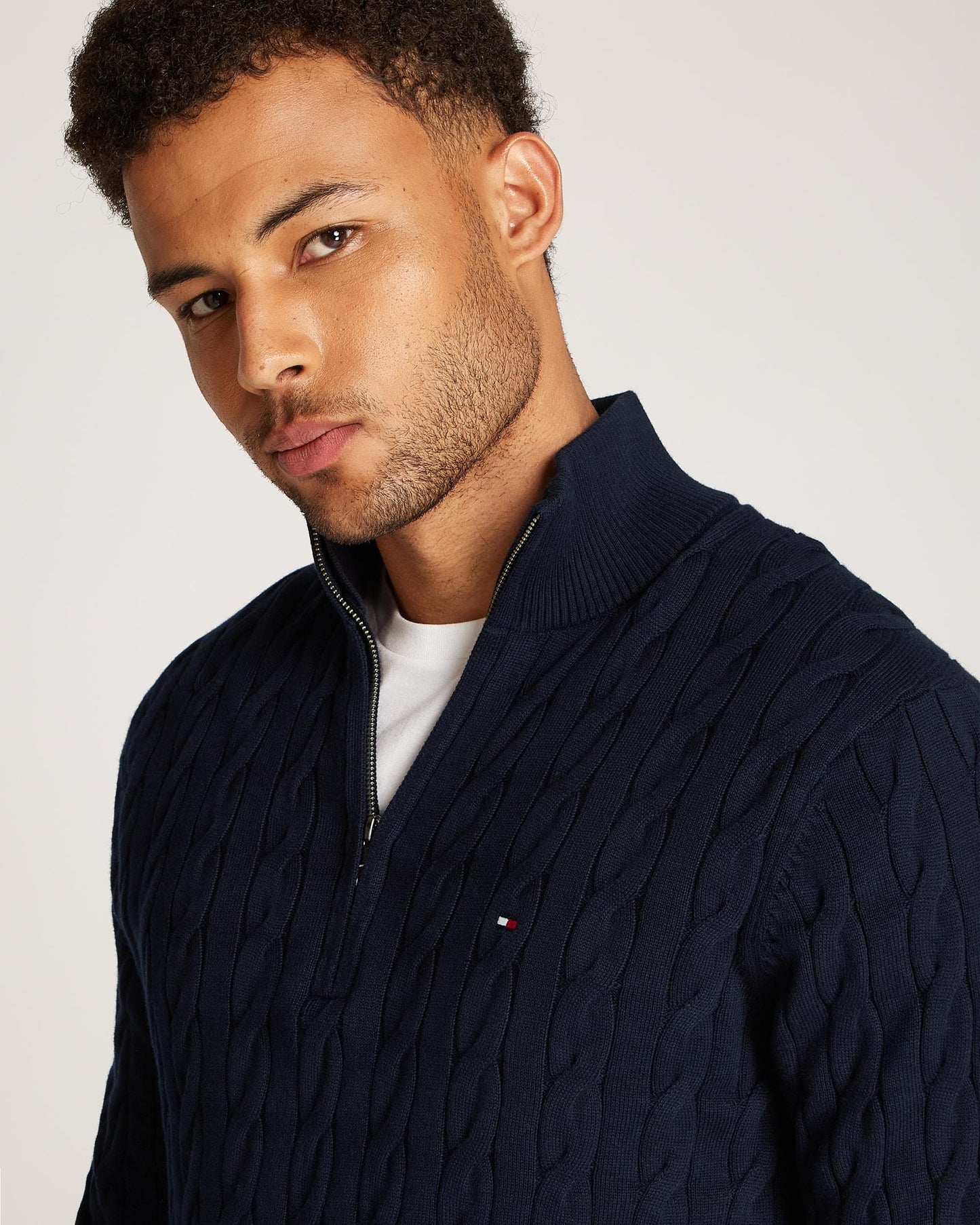 Tommy Hilfiger Classic Cotton Cable Mens Half Zip Mock Sweatshirt - Desert Sky
