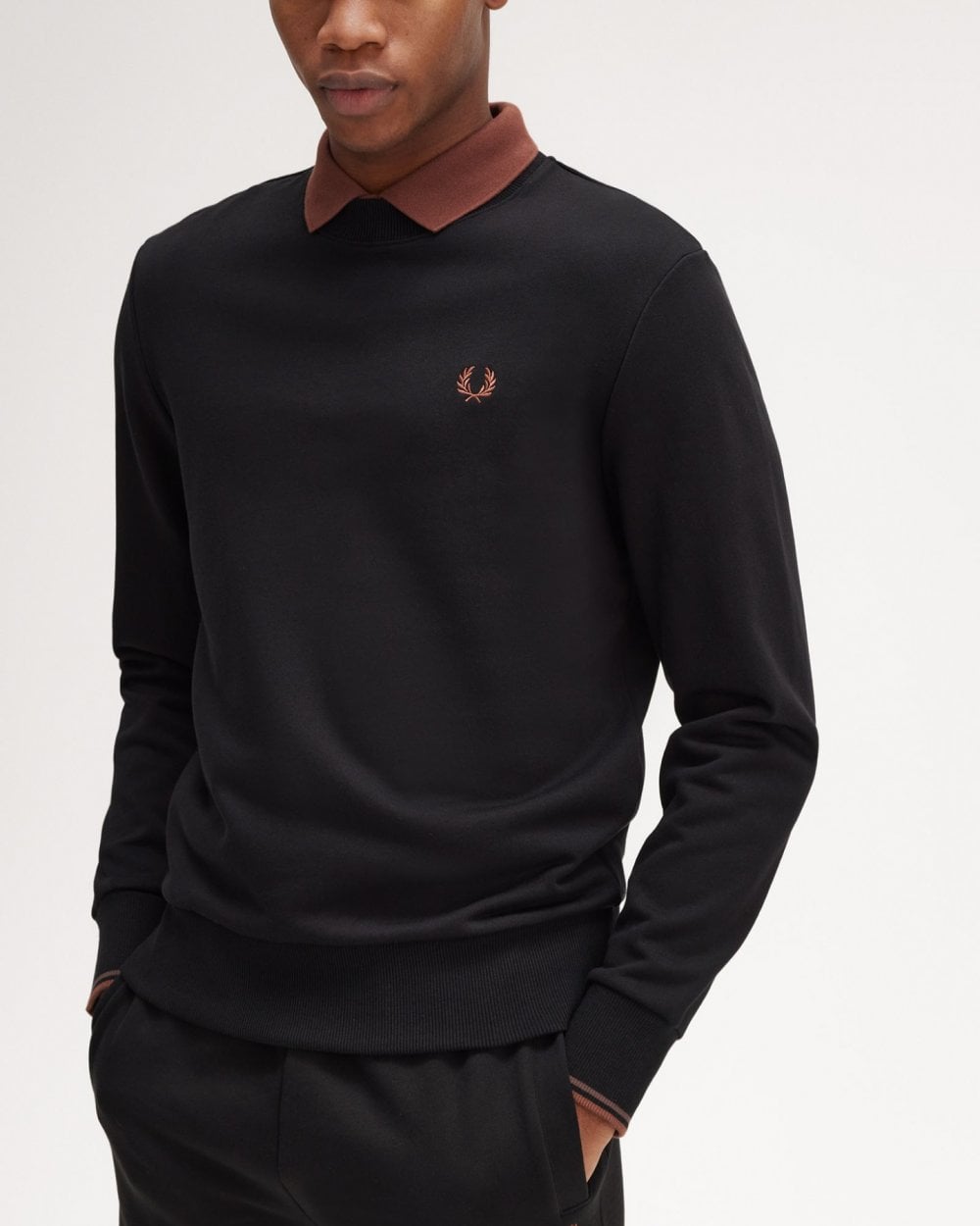 Fred Perry Mens Crew Neck Sweatshirt - Black/Whisky Brown X56