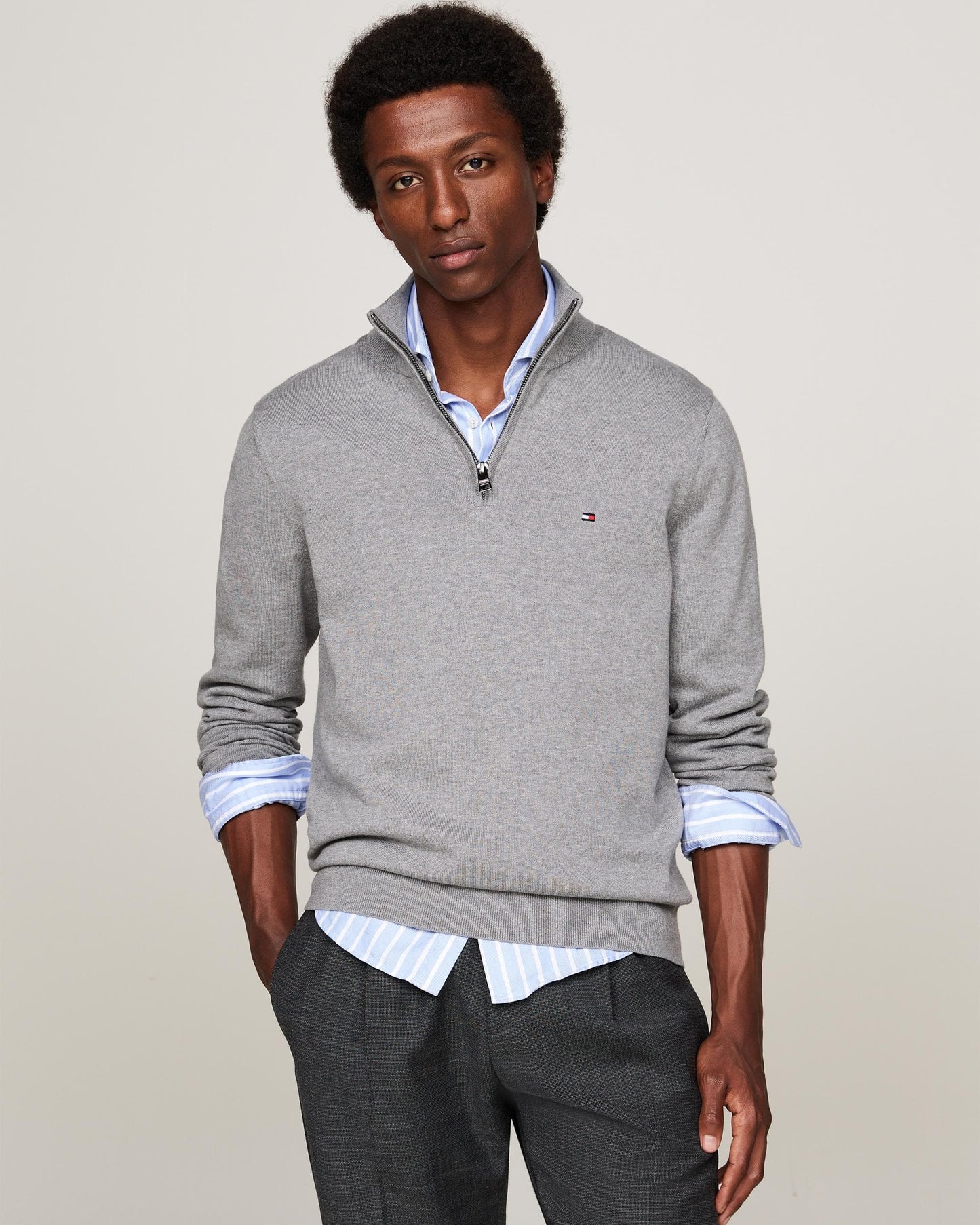 Tommy Hilfiger Essential Cotton 1/4 Zip Mock Mens Sweatshirt - Medium Grey Heather