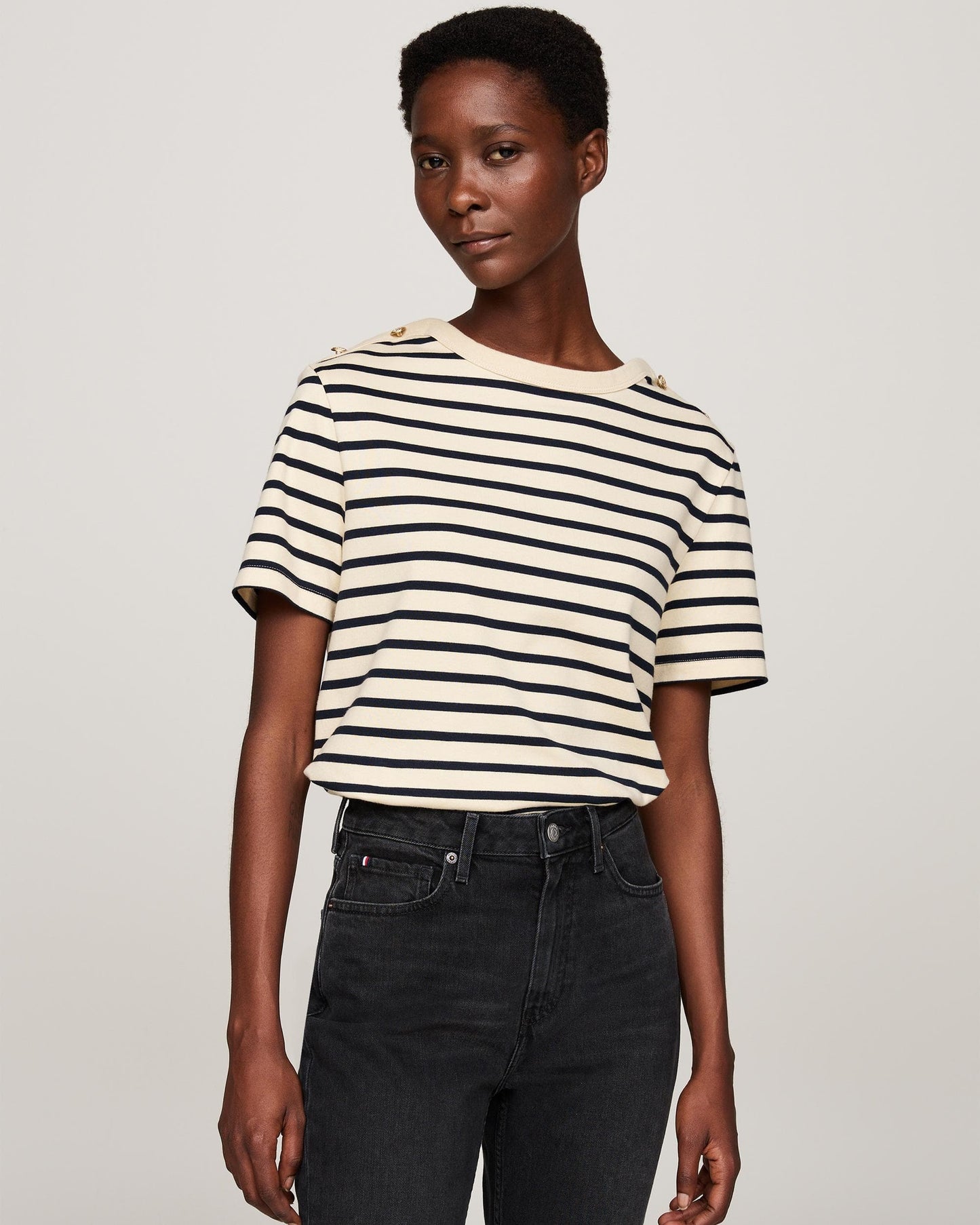 Tommy Hilfiger Regular Stripe Gold Button Womens T-Shirt