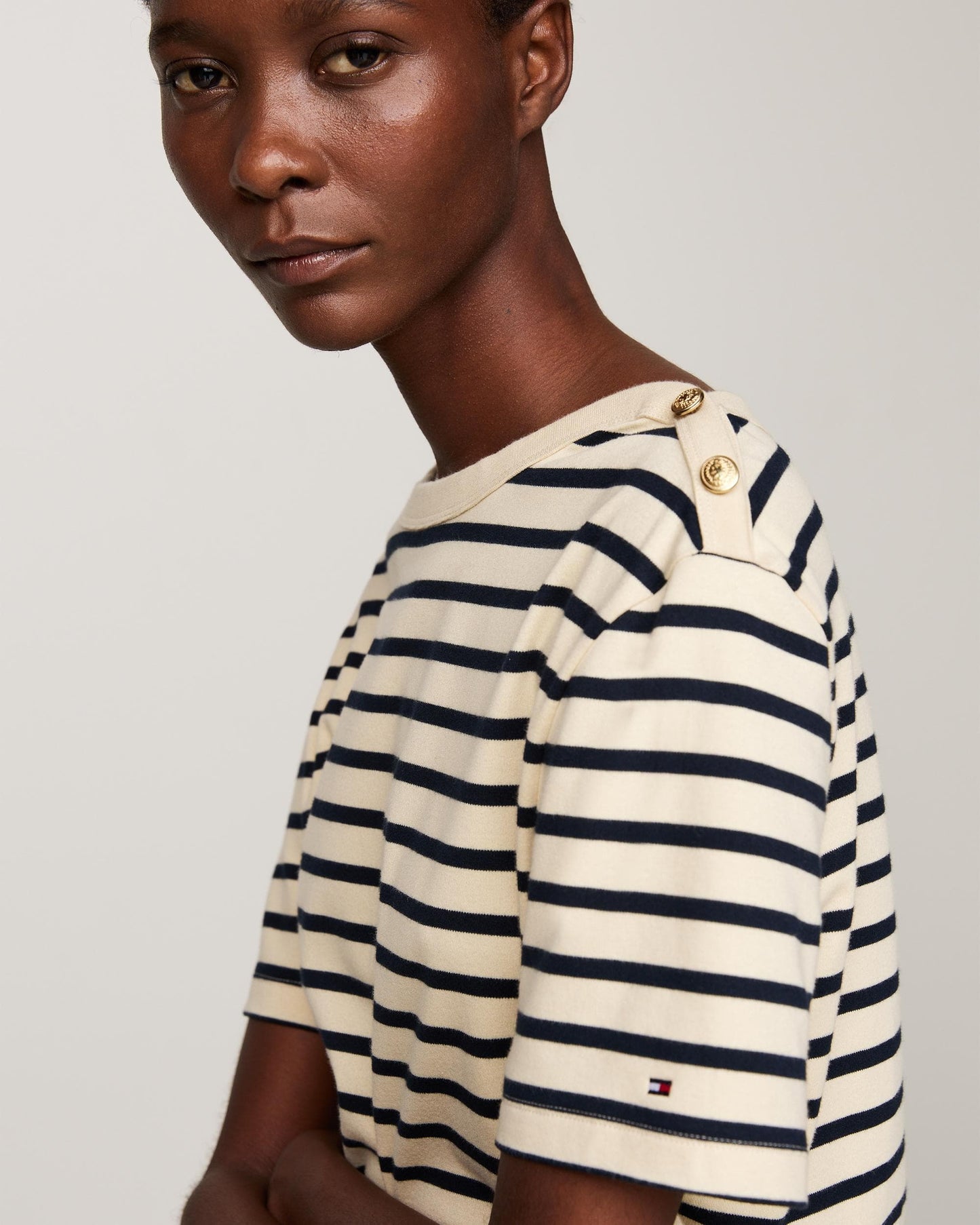 Tommy Hilfiger Regular Stripe Gold Button Womens T-Shirt
