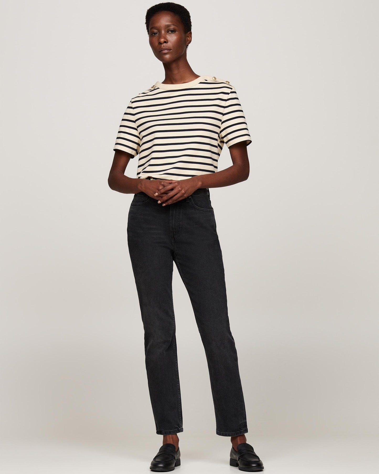 Tommy Hilfiger Regular Stripe Gold Button Womens T-Shirt