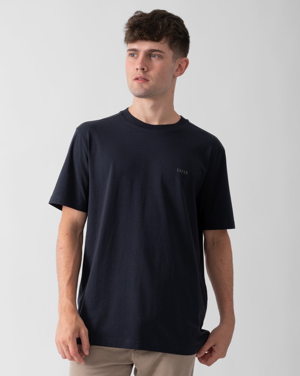 BOSS Green Tee Mens Stretch Cotton T-Shirt with Contrast Logo - Dark Blue 404