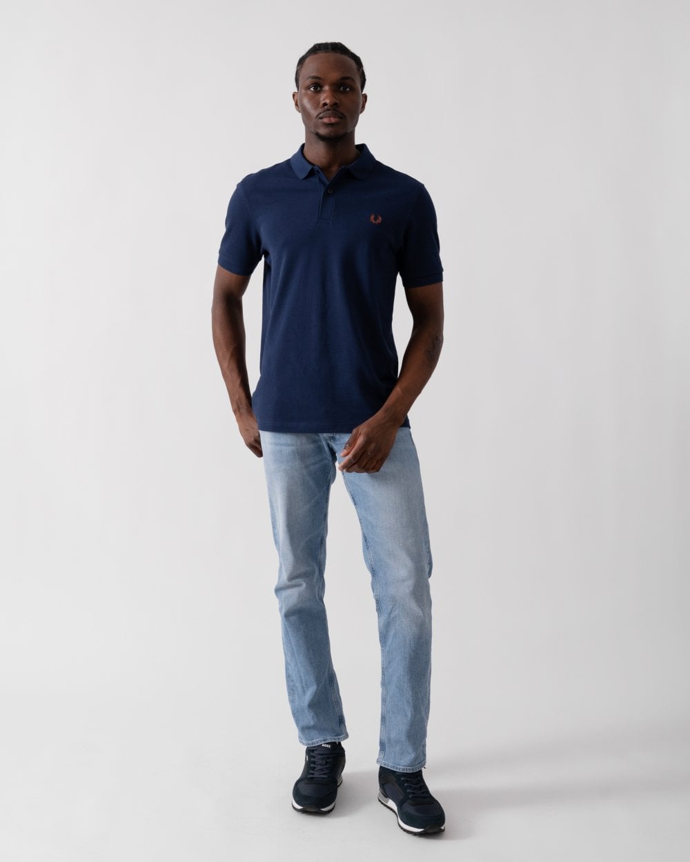 Fred Perry Mens Plain Signature Polo Shirt - French Navy/Whisky Brown W73