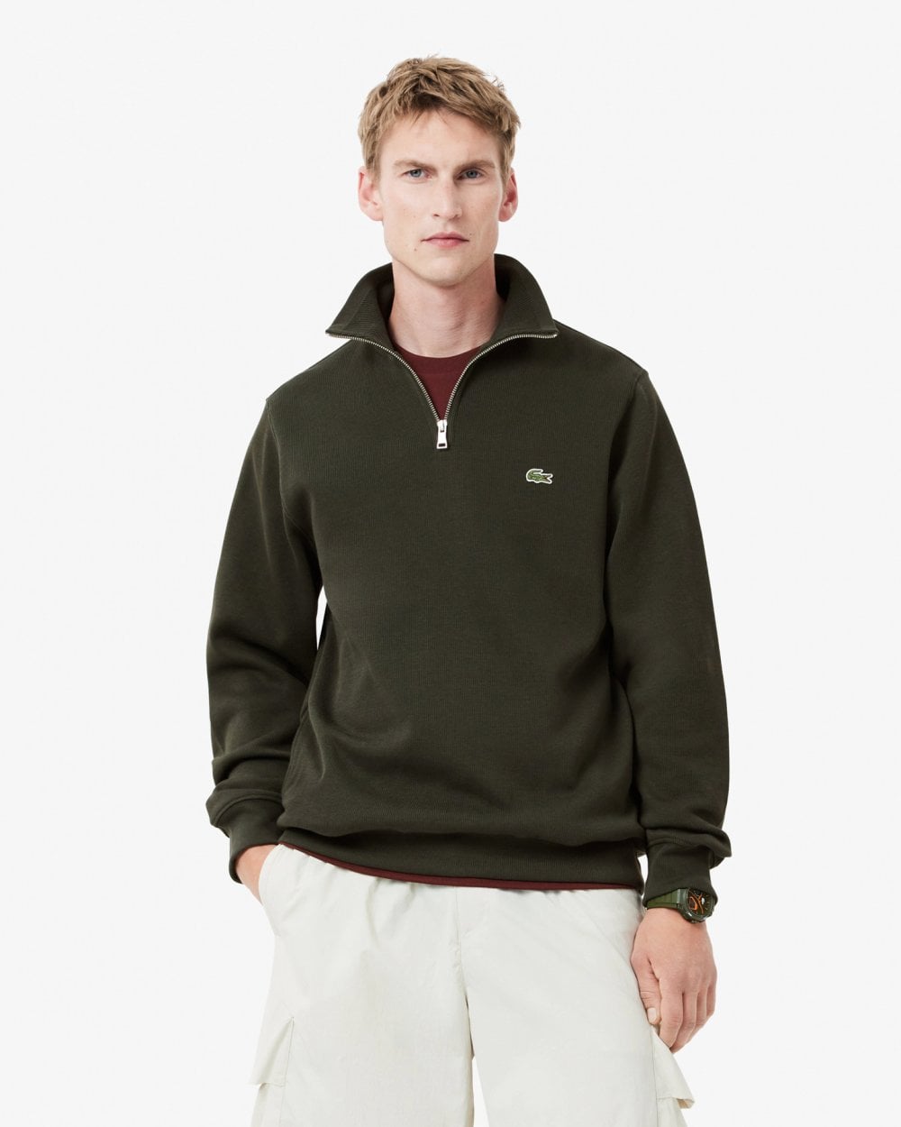 Lacoste Mens Zippered Stand-Up Collar Cotton Sweatshirt