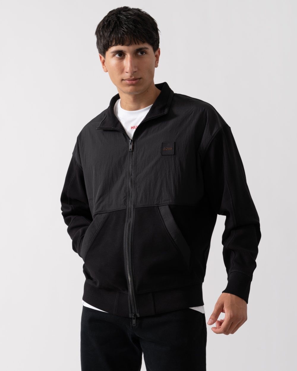 BOSS Orange BOSS Orange Ze Nylon Mens Cotton Terry Zip-Up Sweatshirt with Logo Badge