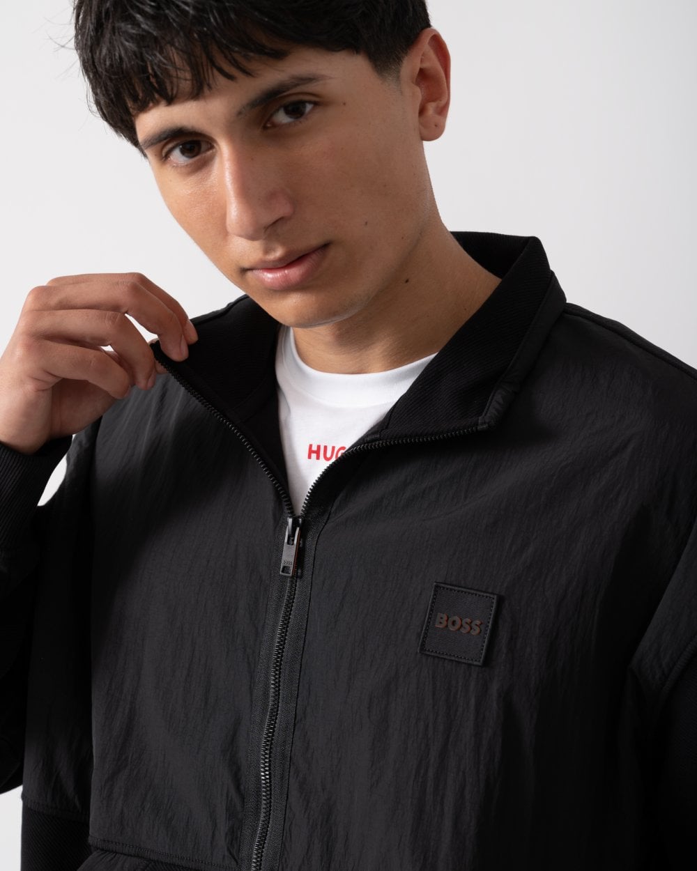 BOSS Orange BOSS Orange Ze Nylon Mens Cotton Terry Zip-Up Sweatshirt with Logo Badge